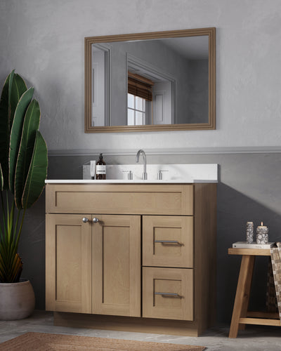 [color:Natural Oak] 36'' White Bathroom Vanity with Calacatta Quartz Top and Right Drawers - Natural Oak finish view