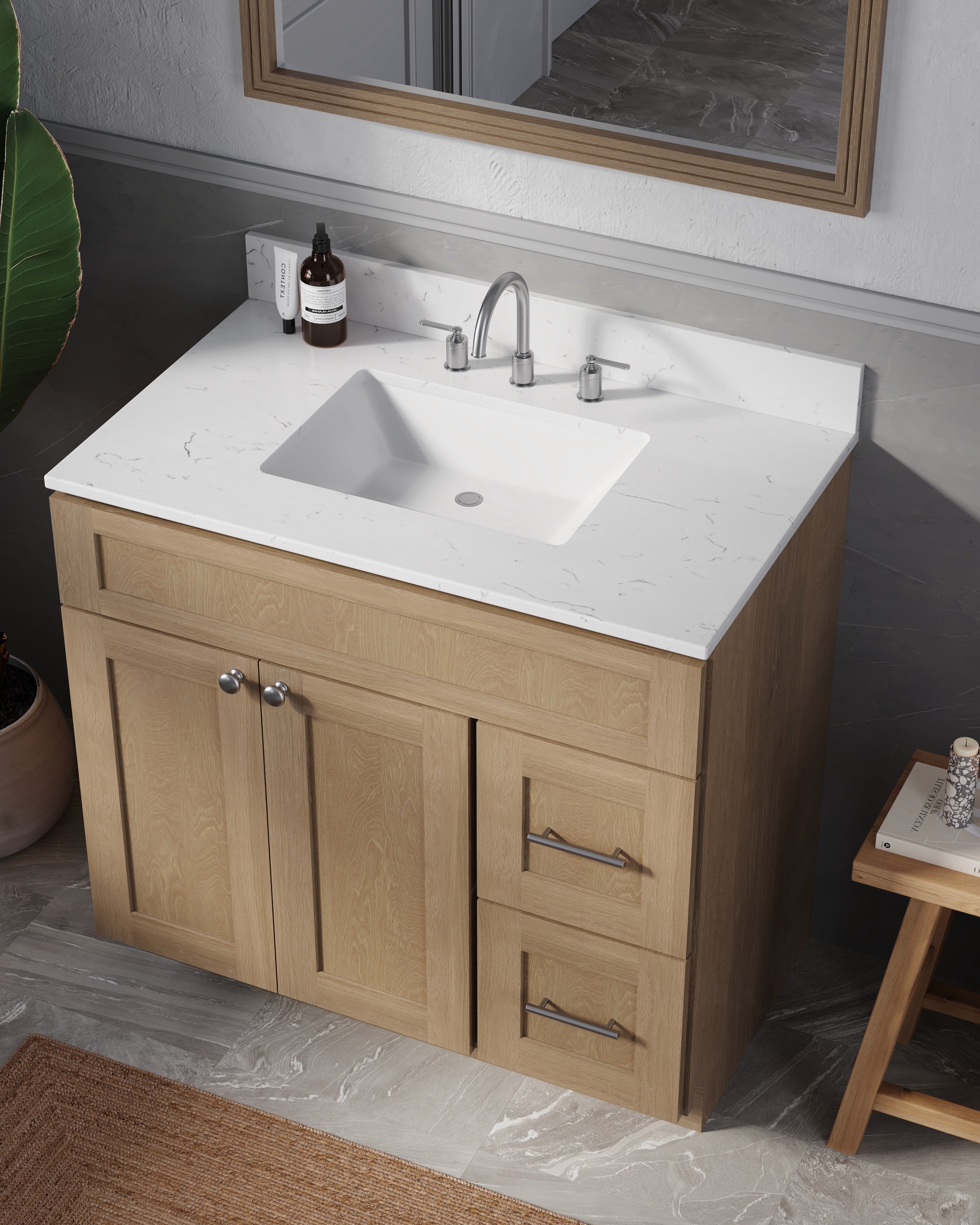 Disar 36'' White Bathroom Vanity with Calacatta Quartz Top and Right Drawers