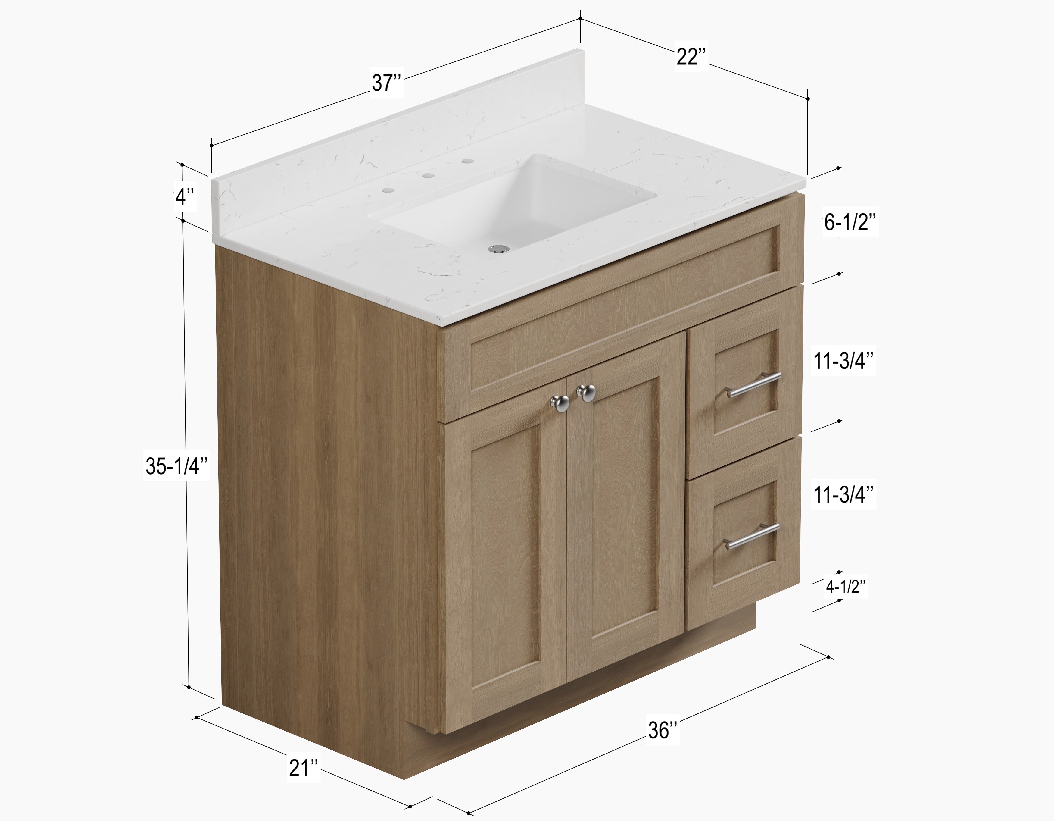 Disar 36'' White Bathroom Vanity with Calacatta Quartz Top and Right Drawers