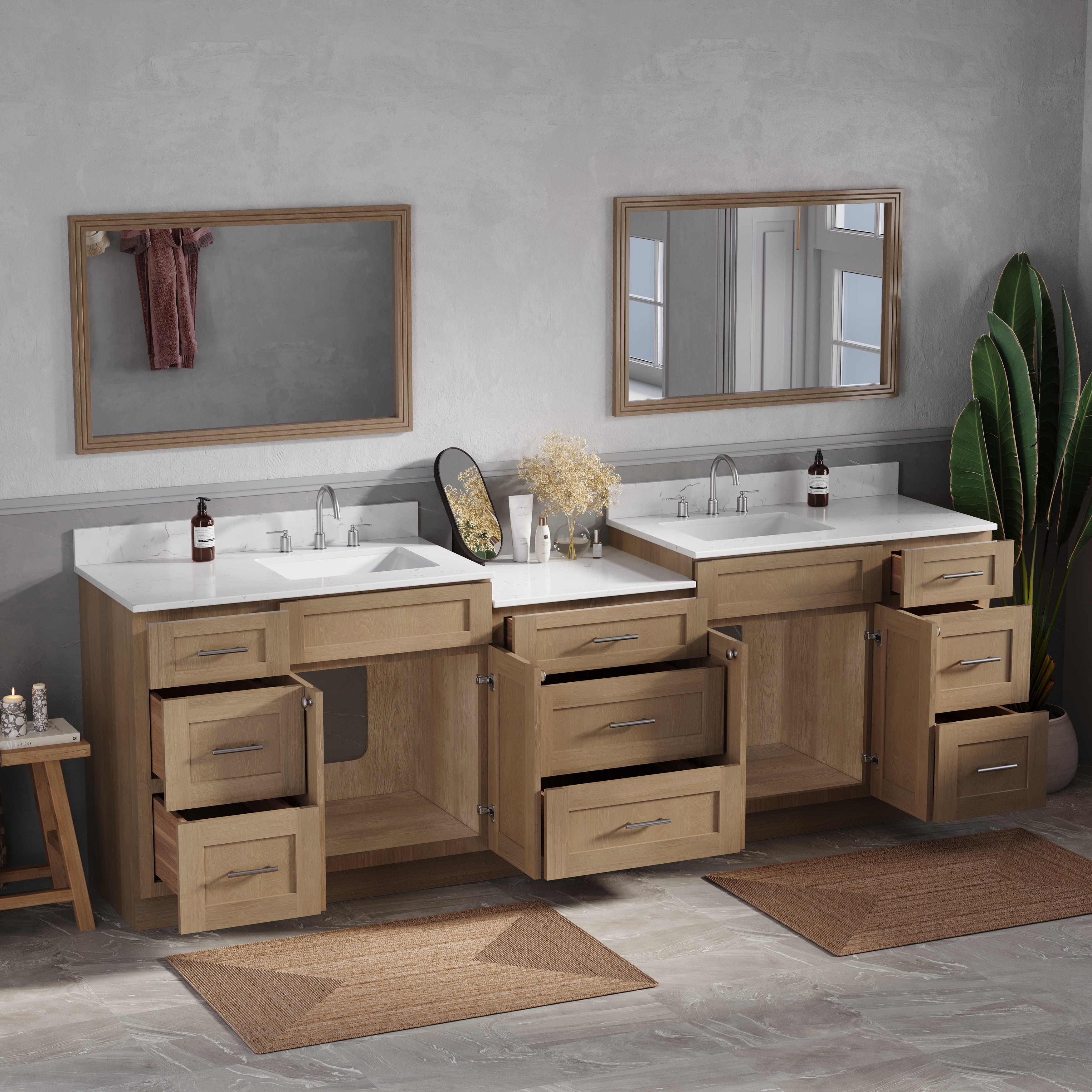 Disar 102'' Double Bathroom Vanity Cabinet Shaker Dovetail Solid Wood Drawer Carrara Quartz Top
