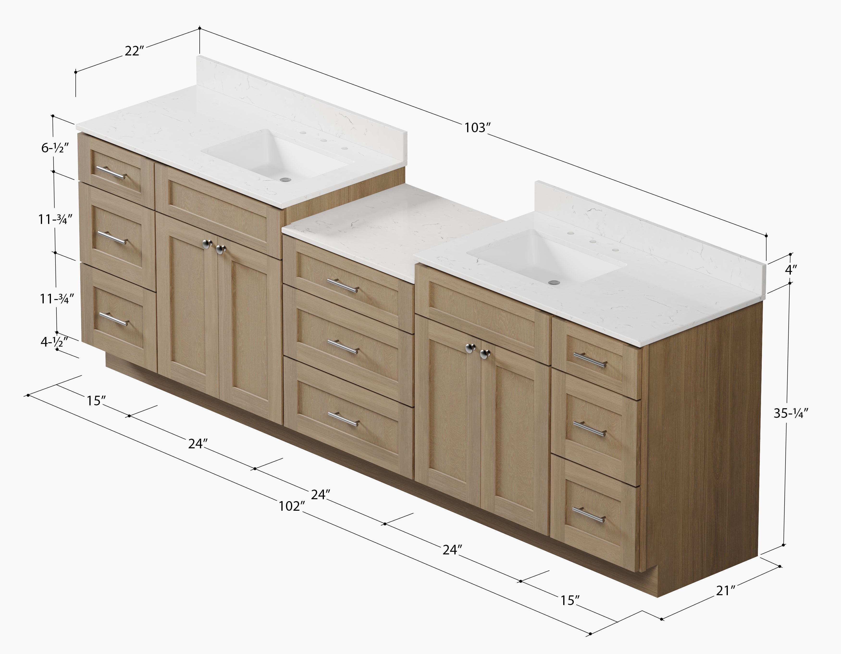 Disar 102'' Double Bathroom Vanity Cabinet Shaker Dovetail Solid Wood Drawer Carrara Quartz Top