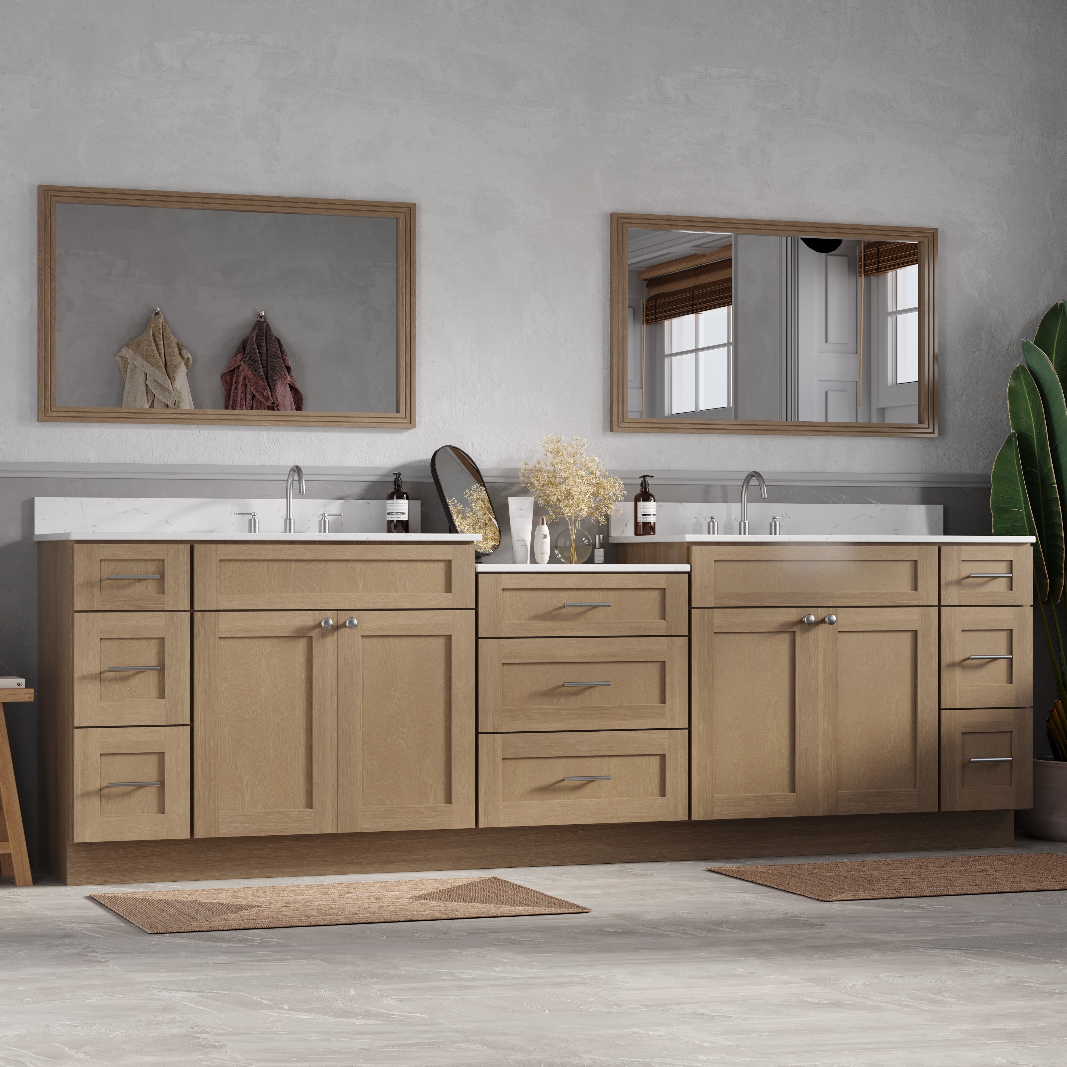 108'' Double Bathroom Vanity Cabinet Shaker Dovetail Solid Wood Drawer Carrara Quartz Top