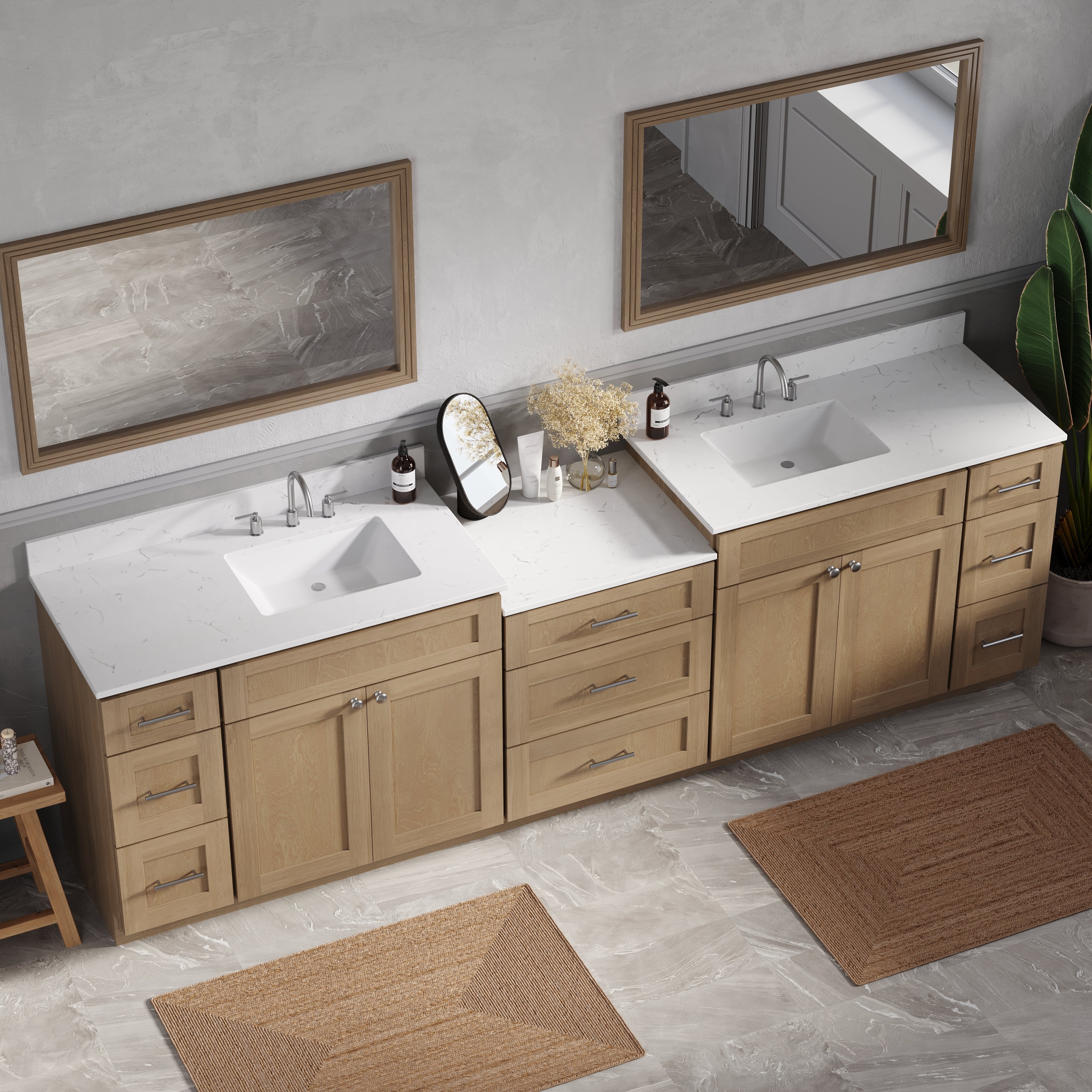 108'' Double Bathroom Vanity Cabinet Shaker Dovetail Solid Wood Drawer Carrara Quartz Top