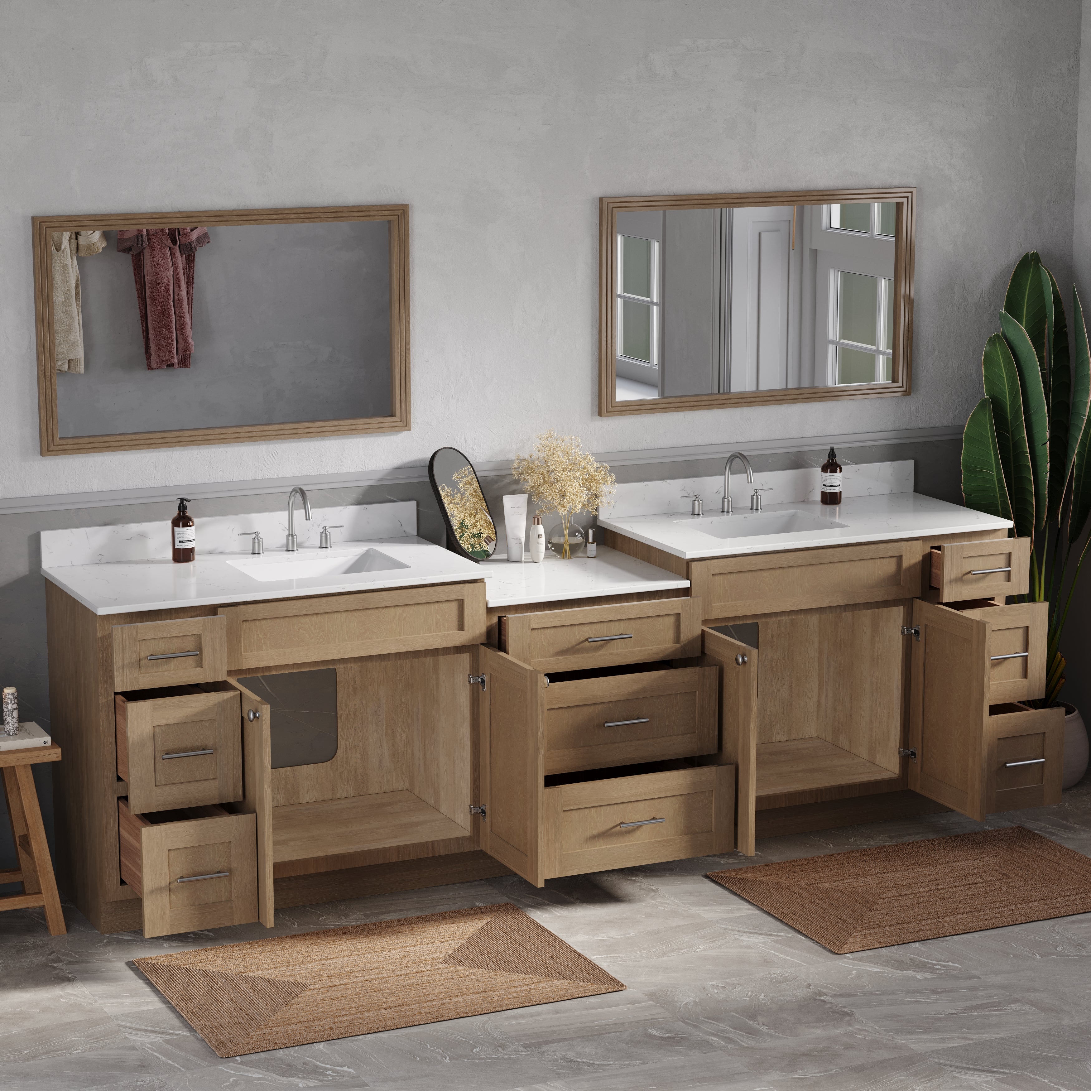 108'' Double Bathroom Vanity Cabinet Shaker Dovetail Solid Wood Drawer Carrara Quartz Top