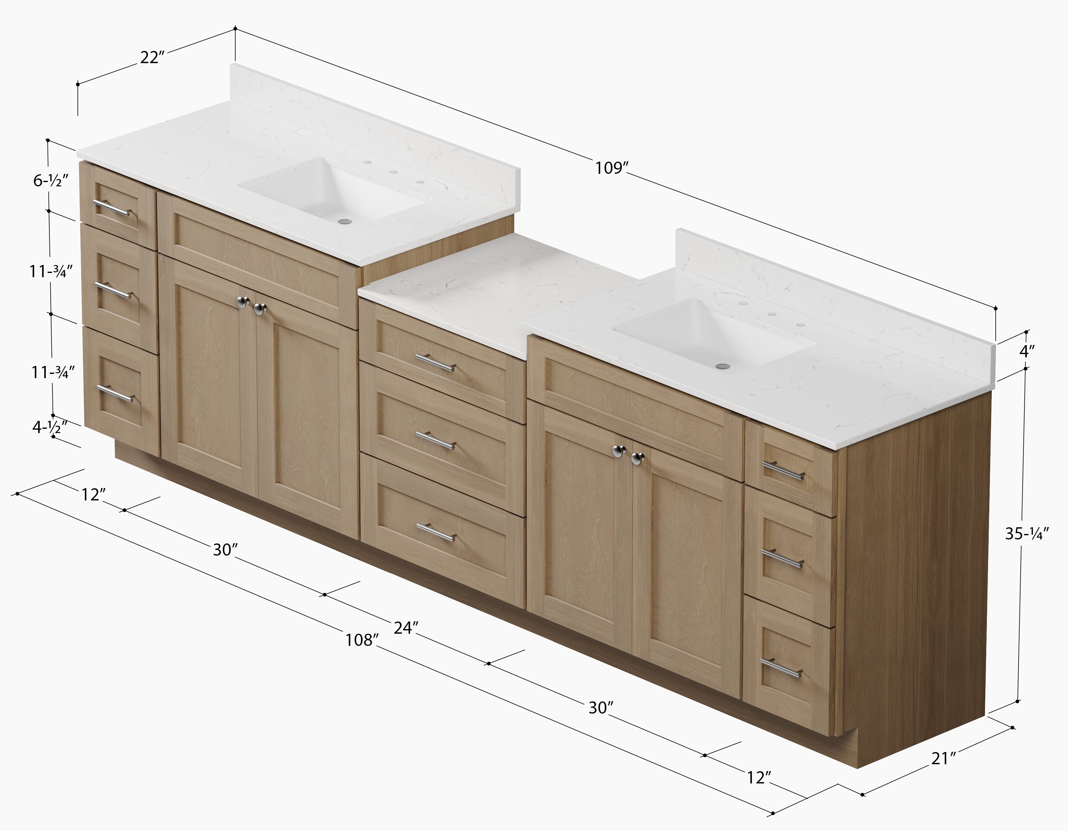 108'' Double Bathroom Vanity Cabinet Shaker Dovetail Solid Wood Drawer Carrara Quartz Top
