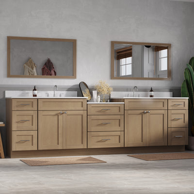 [color:Natural Oak] 114'' Double Bathroom Vanity Cabinet Shaker, Carrara Quartz Top - Natural Oak finish view