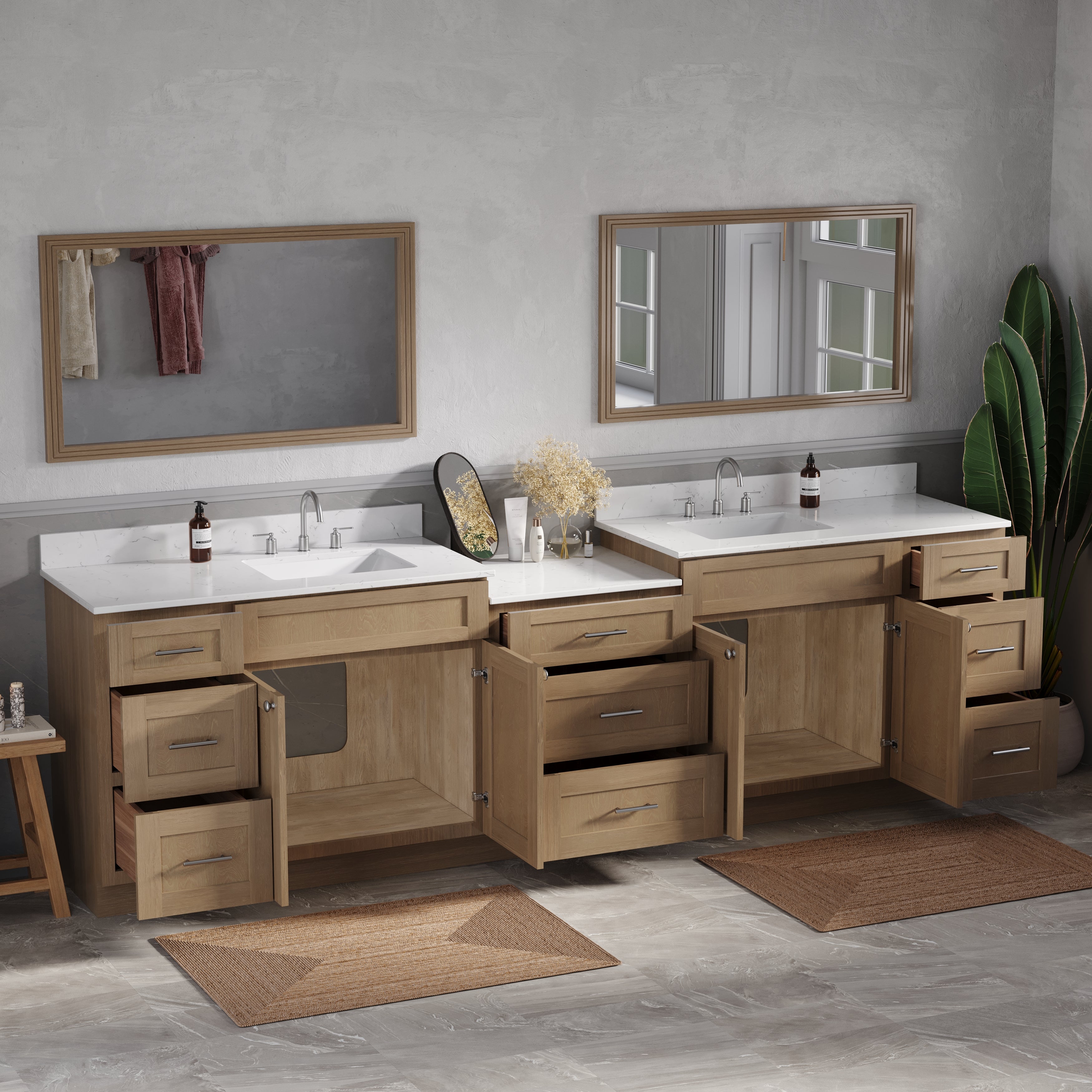 114'' Double Bathroom Vanity Cabinet Shaker Dovetail Solid Wood Drawer Carrara Quartz Top