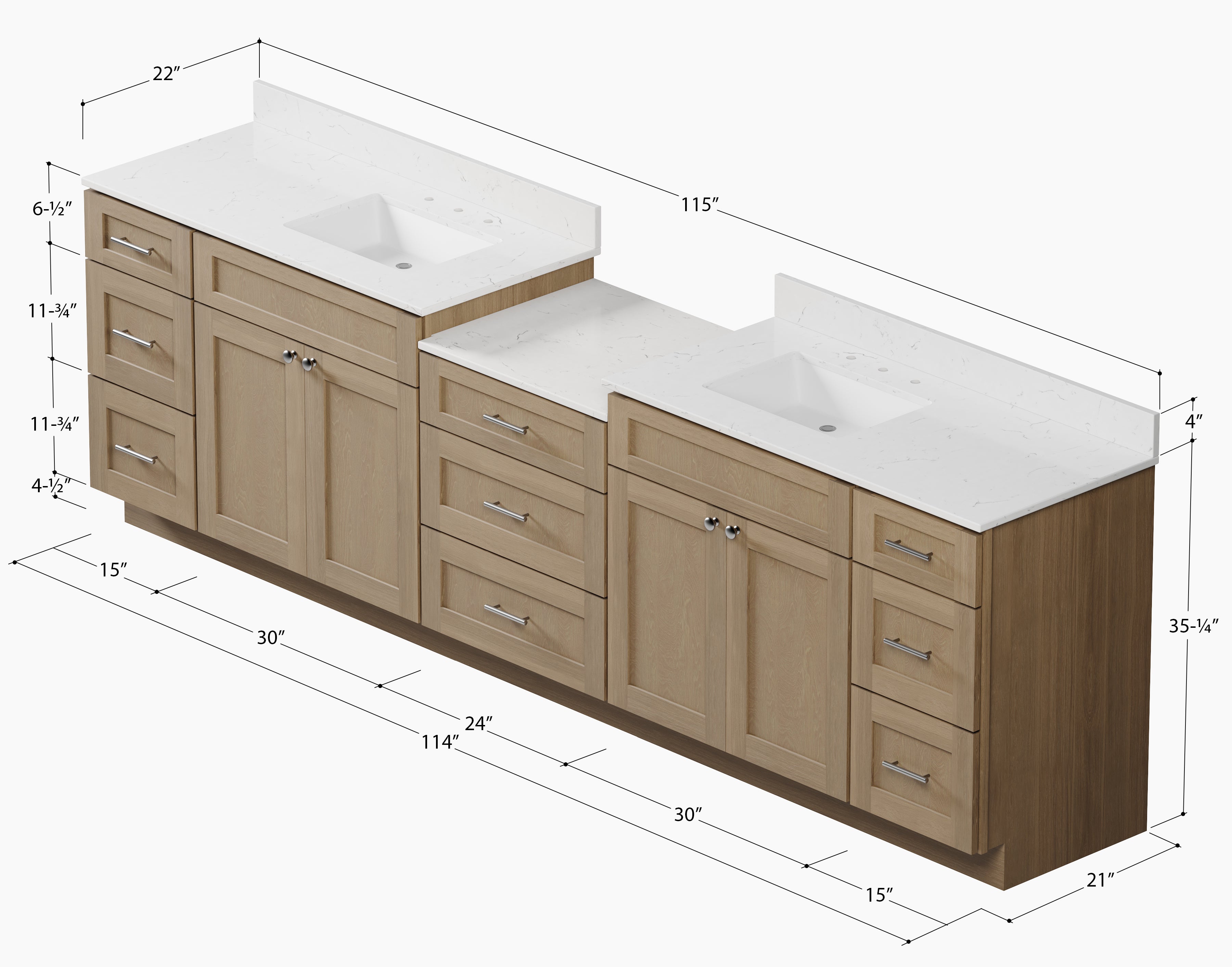 114'' Double Bathroom Vanity Cabinet Shaker Dovetail Solid Wood Drawer Carrara Quartz Top