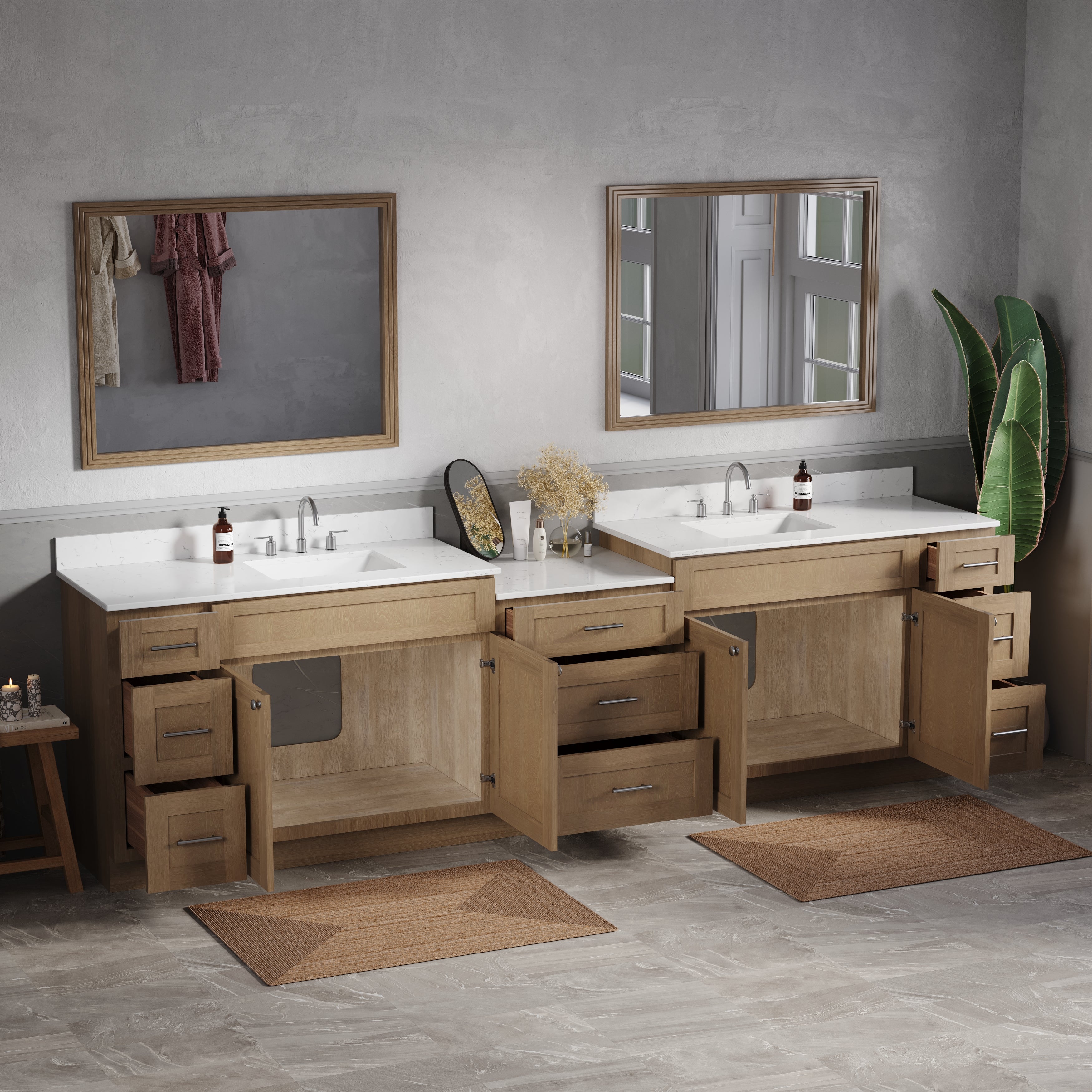 120'' Double Bathroom Vanity Cabinet Shaker Dovetail Solid Wood Drawer Carrara Quartz Top