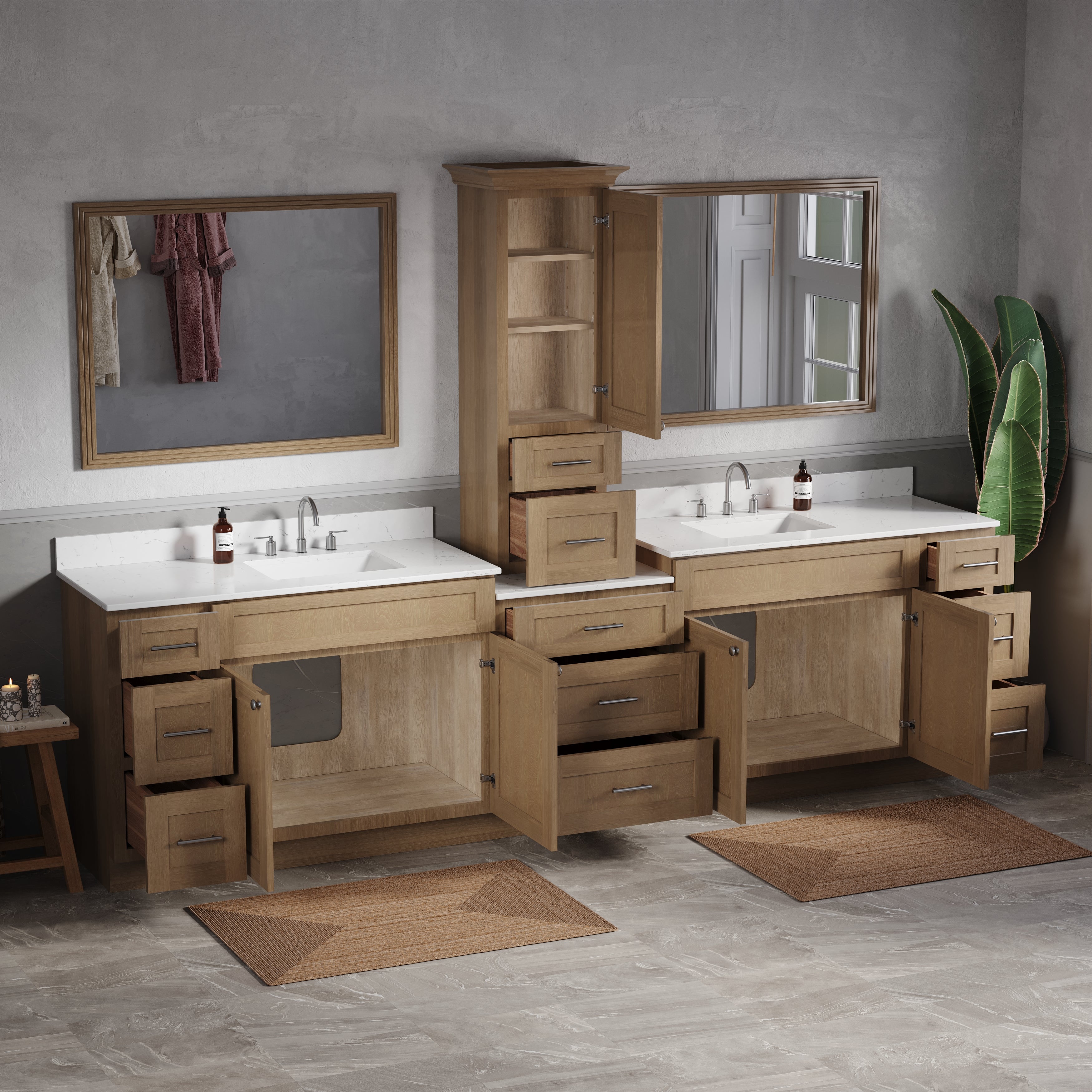 120'' Double Bathroom Vanity With Counter Top Tall Cabinet Shaker Dovetail Solid Wood Drawer Carrara Quartz Top