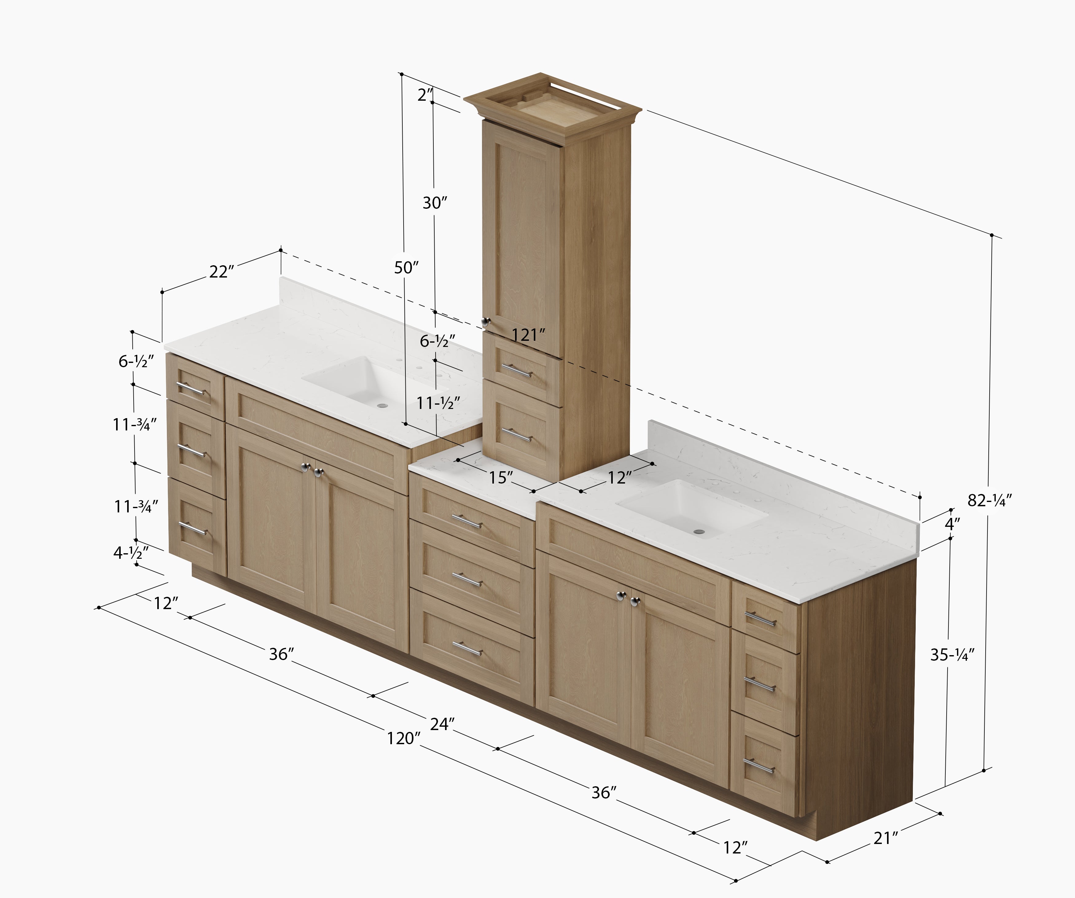 120'' Double Bathroom Vanity With Counter Top Tall Cabinet Shaker Dovetail Solid Wood Drawer Carrara Quartz Top