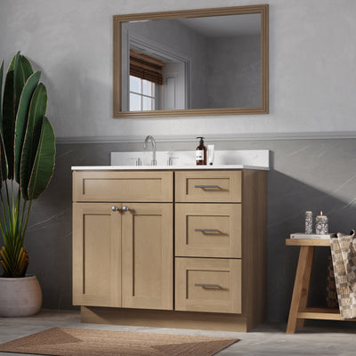 [color:Natural Oak] 39'' Right Drawer Single Bathroom Vanity with Quartz Top - Natural Oak finish view