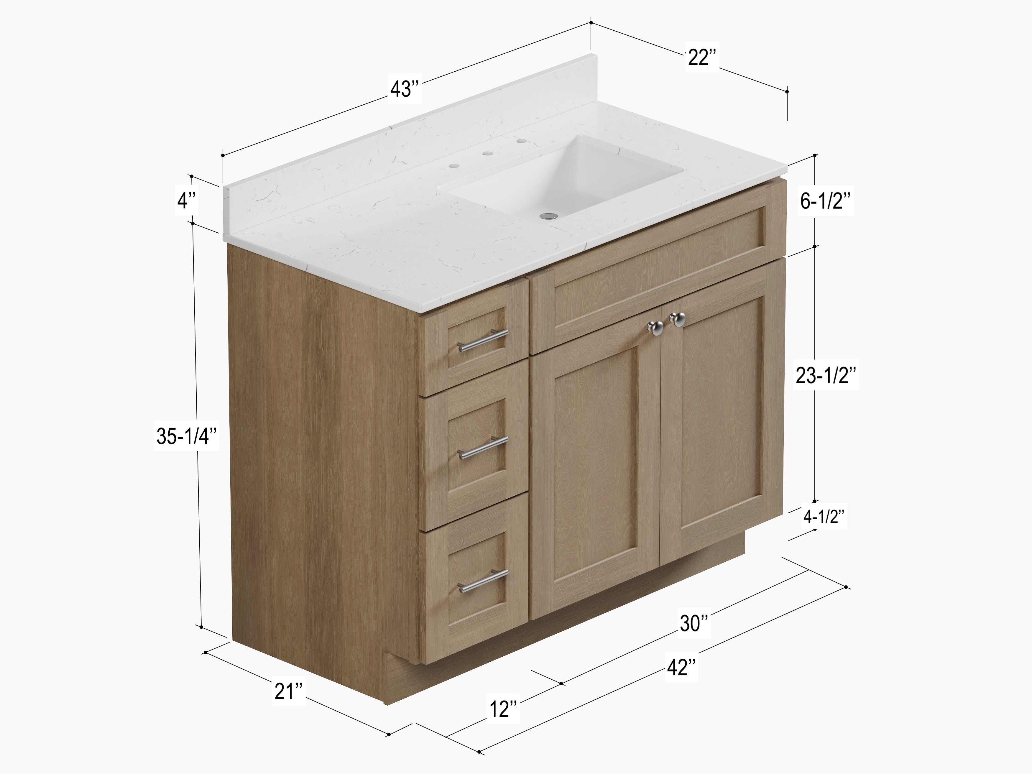 Disar 43'' Drawer Left Single Bathroom Vanity with Quartz Top