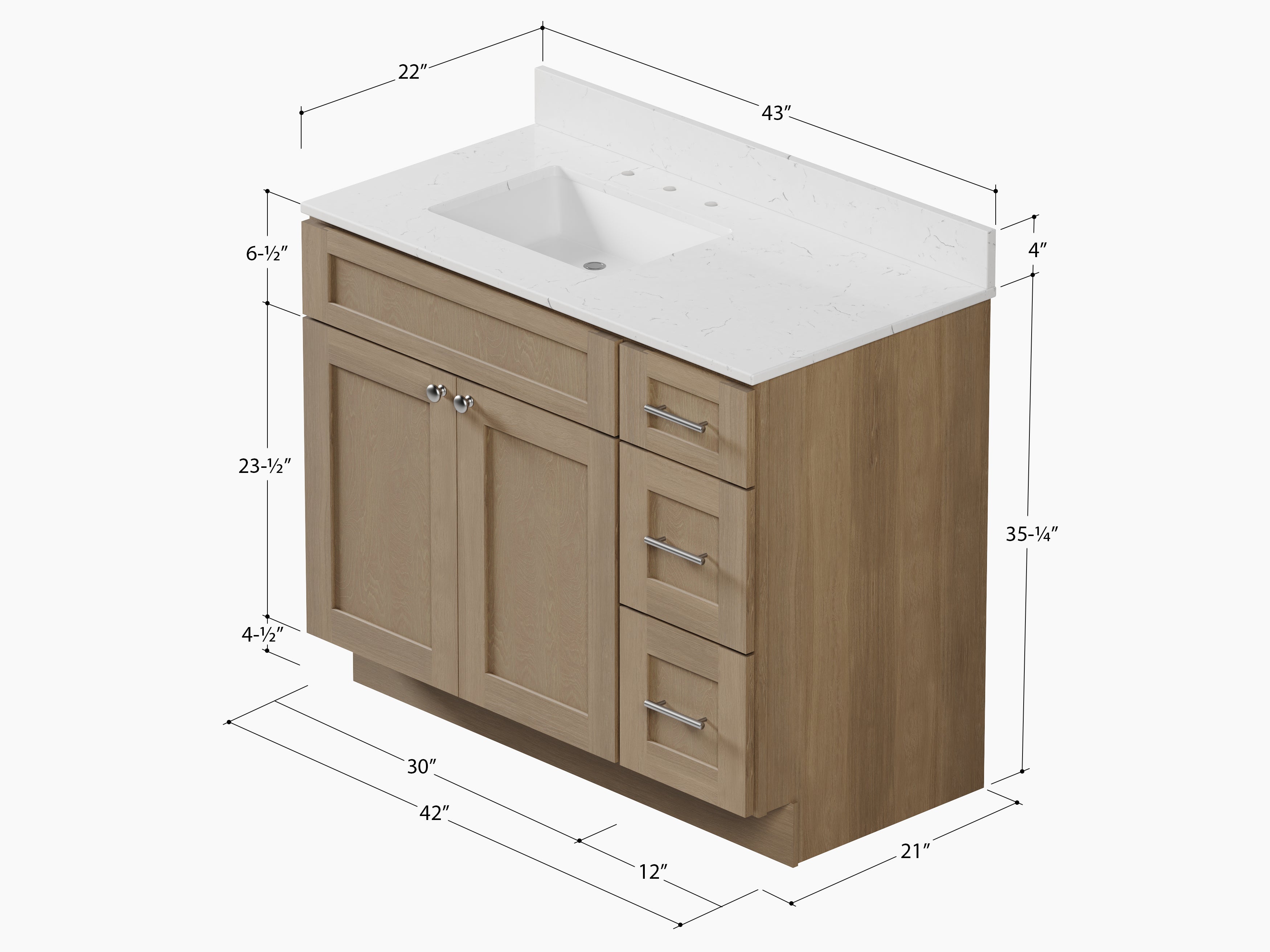 Disar 43'' Drawer Right Single Bathroom Vanity with Quartz Top
