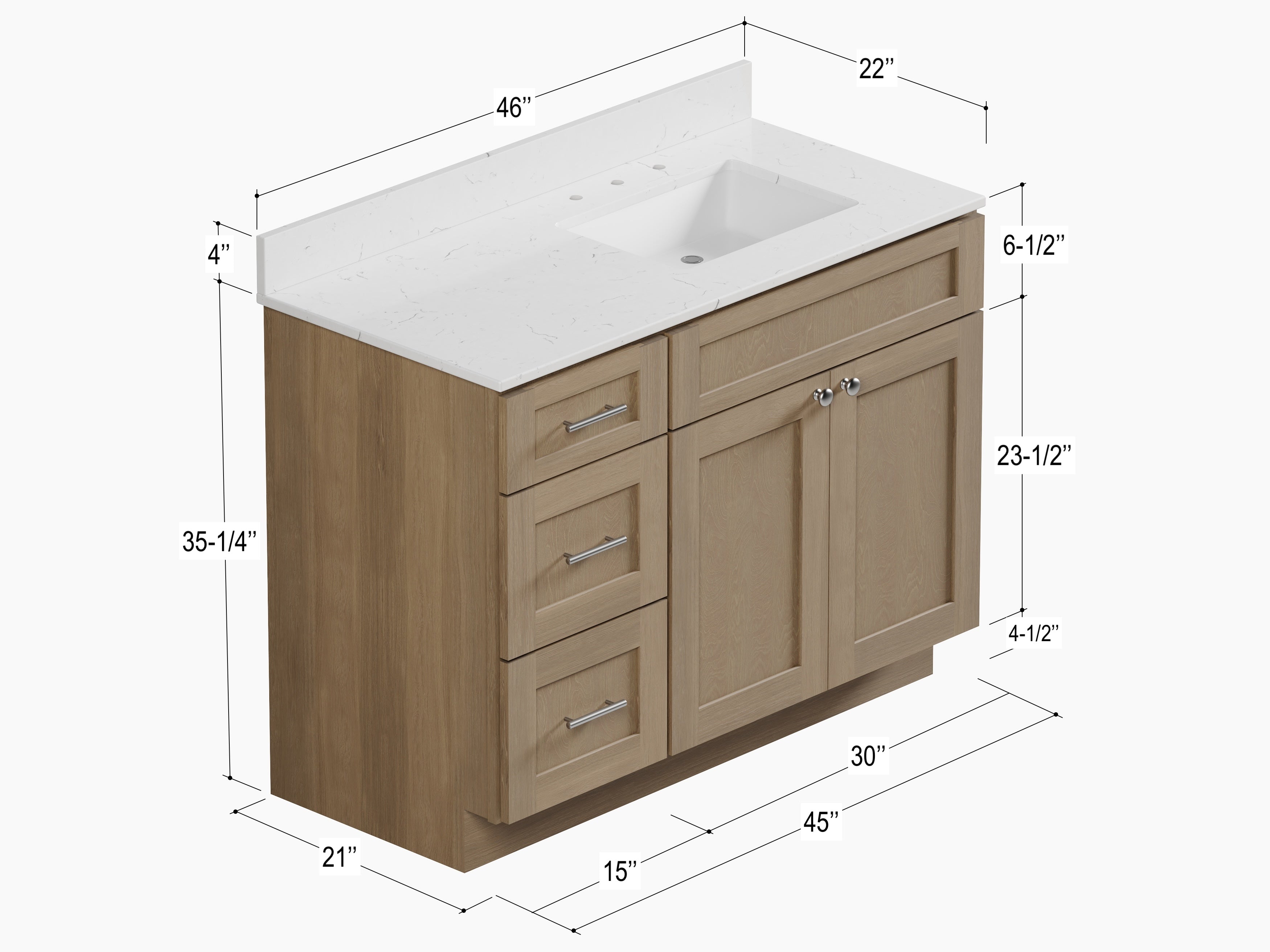 Disar 46'' Drawer Left Single Bathroom Vanity with Quartz Top