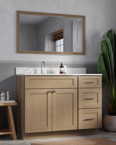 [color:Natural Oak] 46'' Right Drawer Single Bathroom Vanity with Quartz Top - Natural Oak finish view