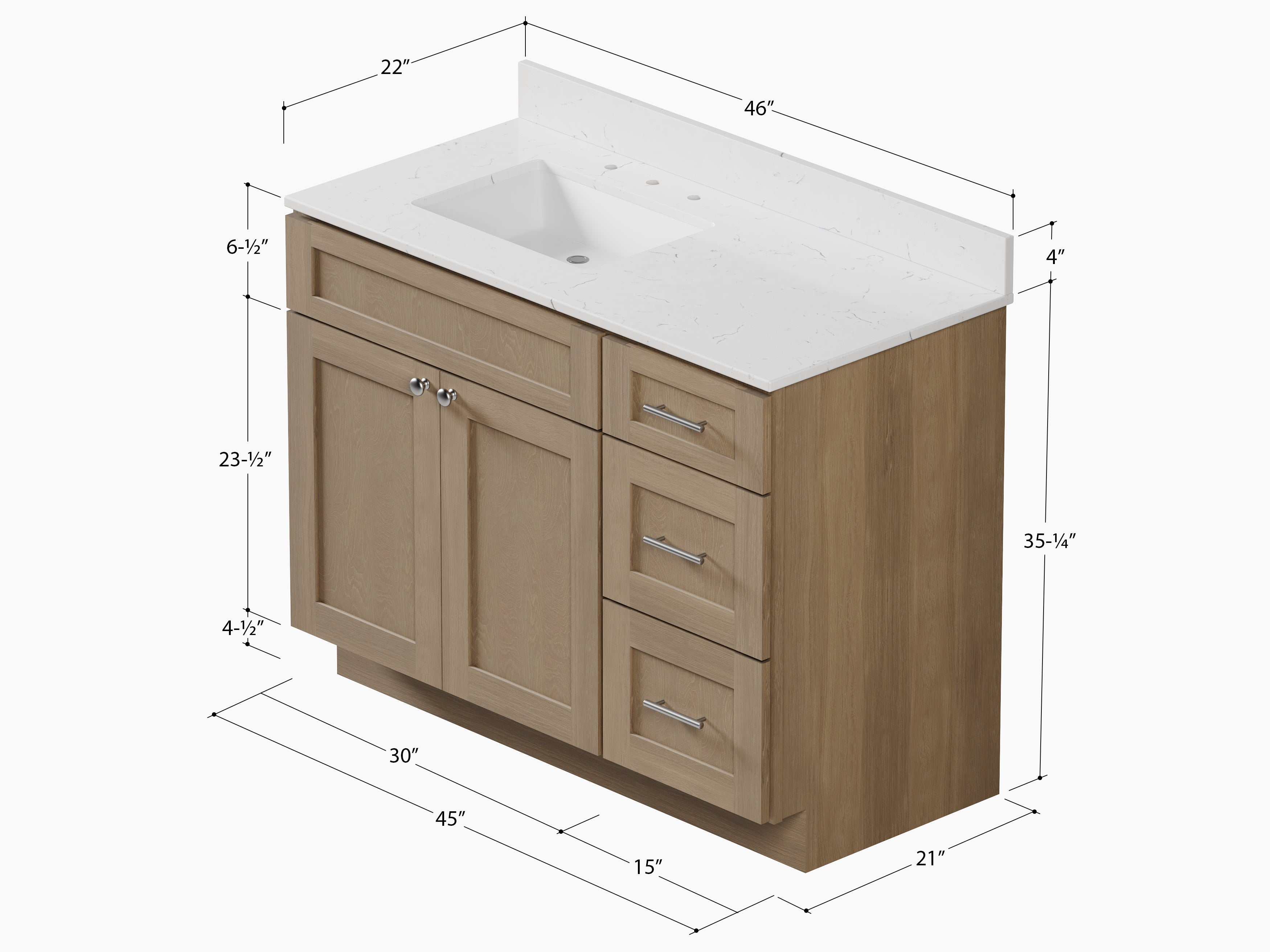 Disar 46'' Drawer Right Single Bathroom Vanity with Quartz Top