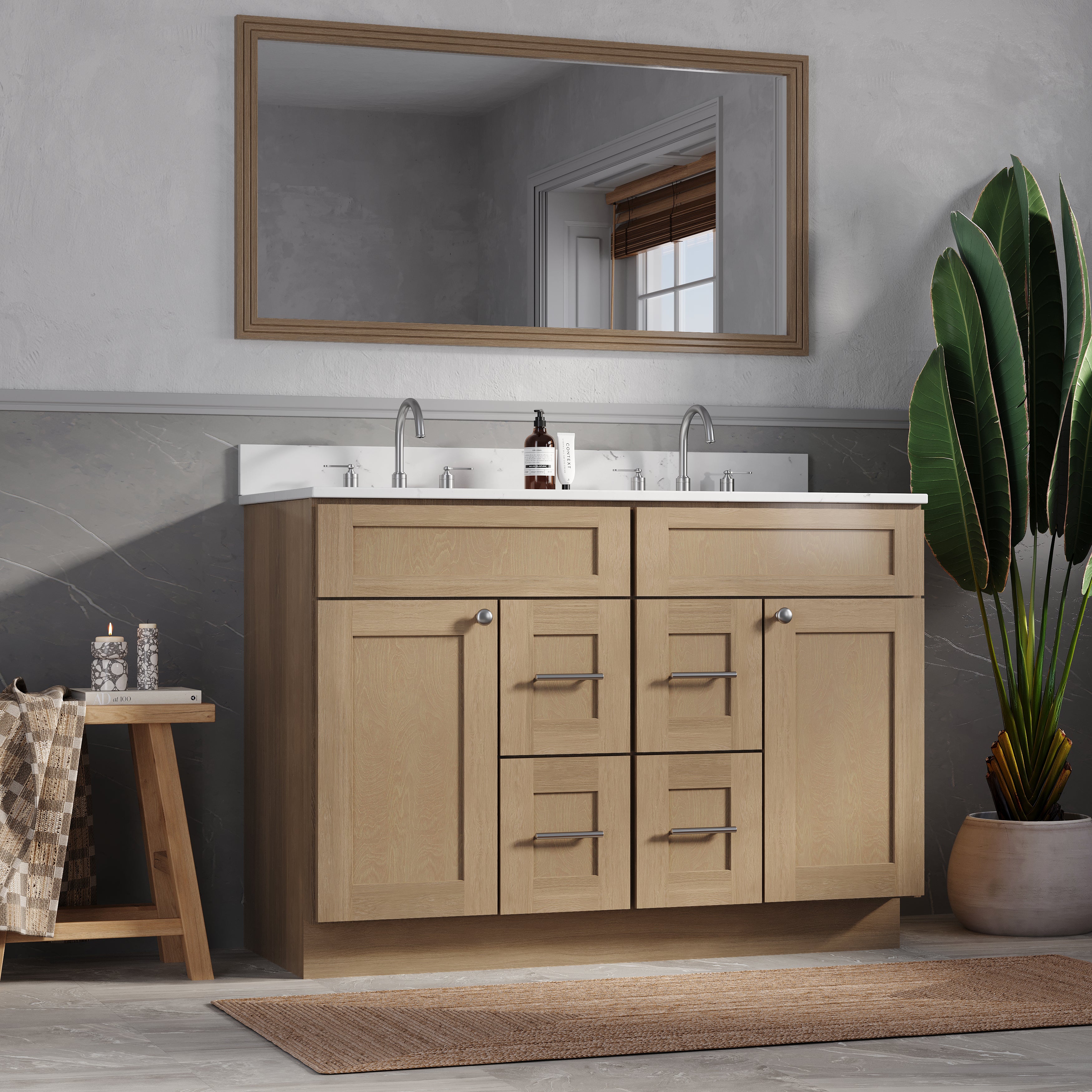 Disar 48" Double Bathroom Vanity Drawer With Carrara Quartz Top-side Splash&back Splash