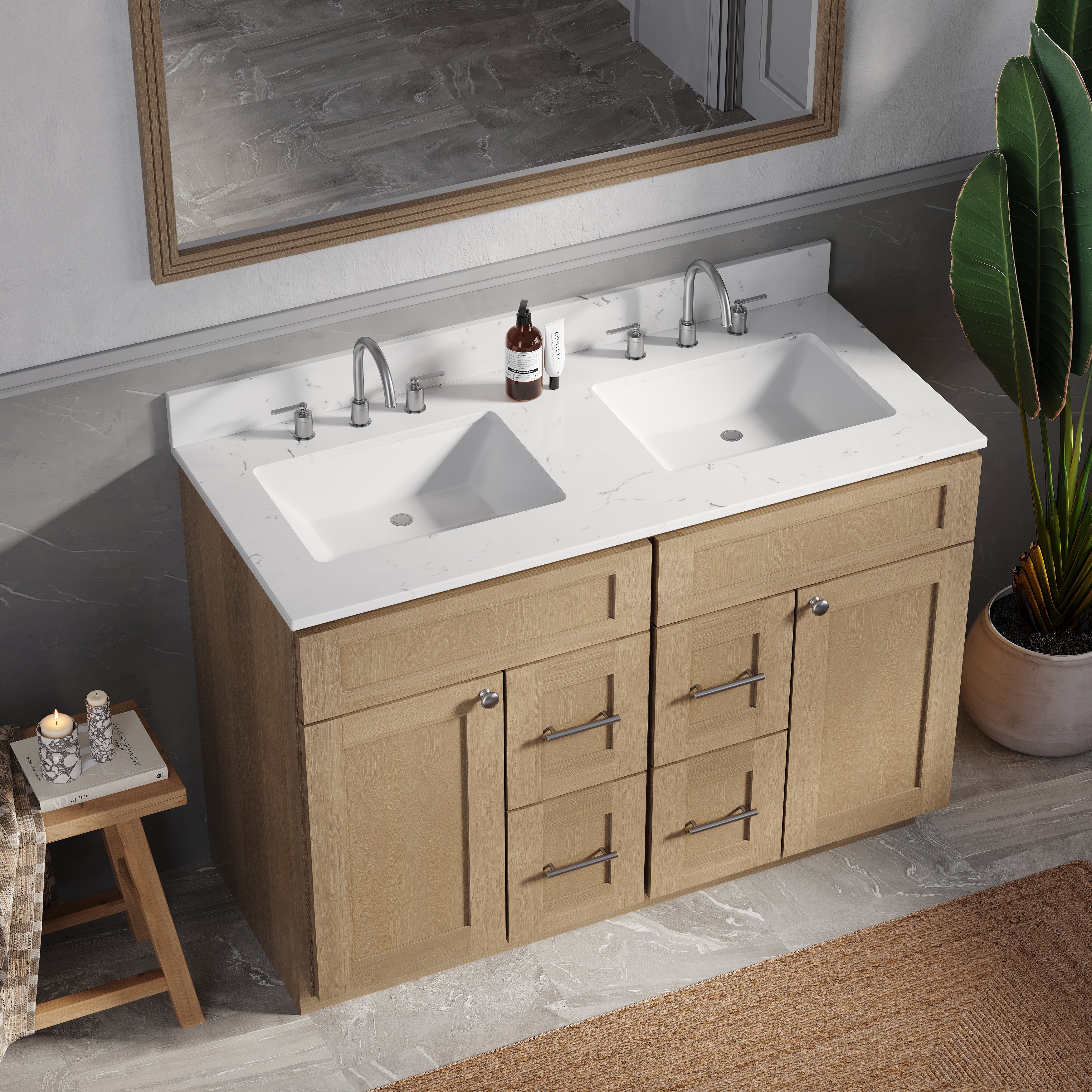 Disar 48" Double Bathroom Vanity Drawer With Carrara Quartz Top-side Splash&back Splash