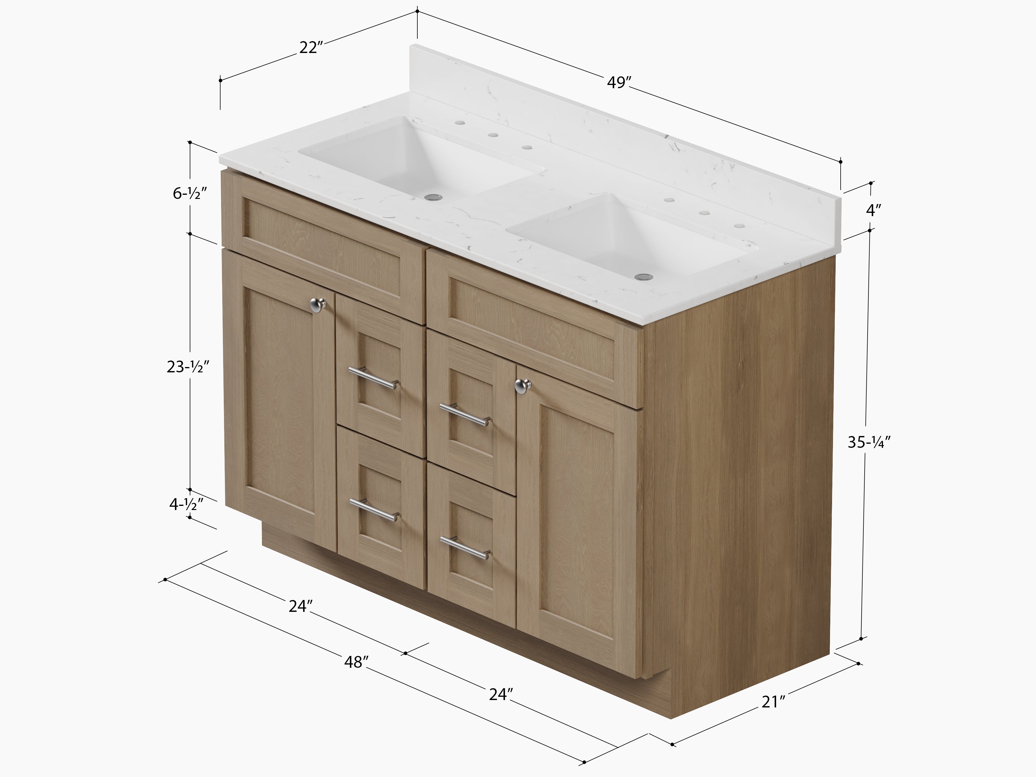 Disar 48" Double Bathroom Vanity Drawer With Carrara Quartz Top-side Splash&back Splash
