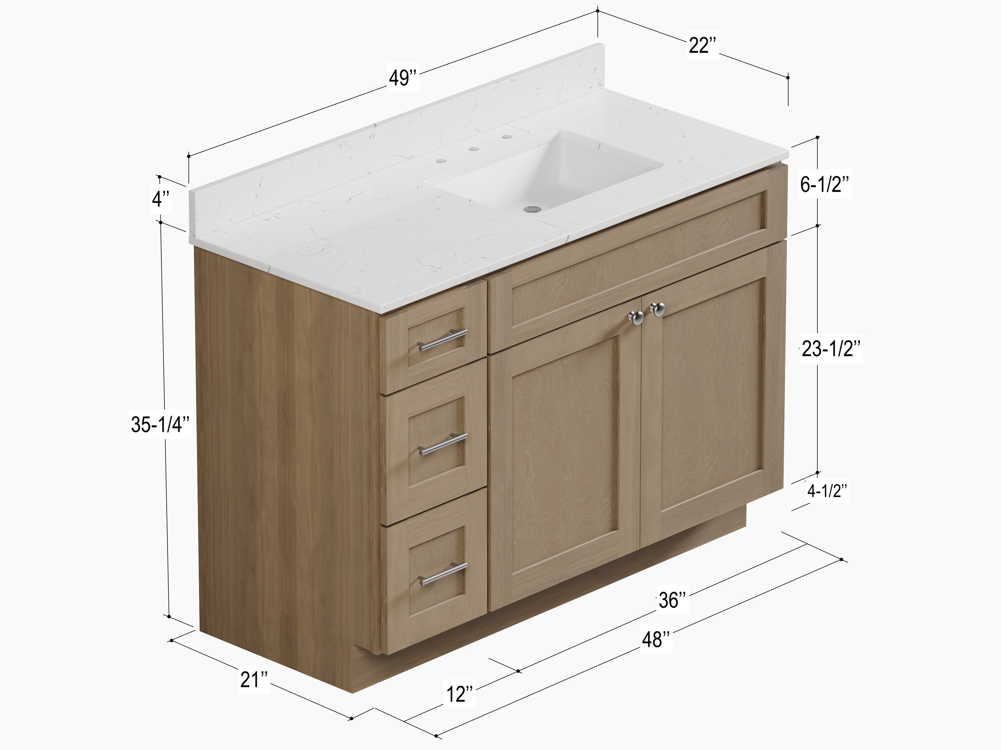 Disar 49'' Drawer Left Single Bathroom Vanity with Quartz Top