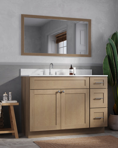 [color:Natural Oak] 49'' Right Drawer Single Bathroom Vanity with Quartz Top - Natural Oak finish view