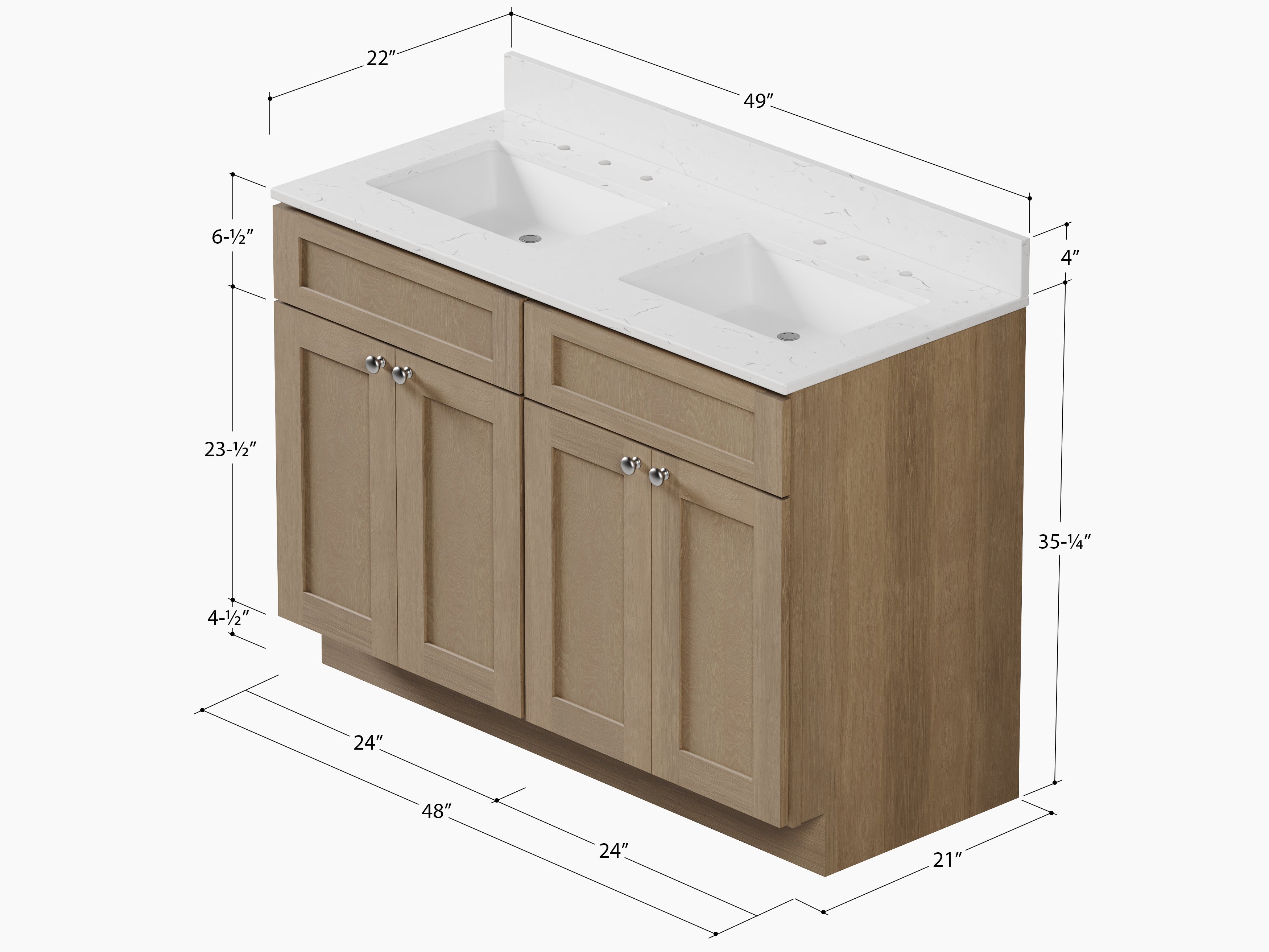 Disar 48" Double Bathroom Vanity Shaker With Carrara Quartz Top-side Splash&back Splash
