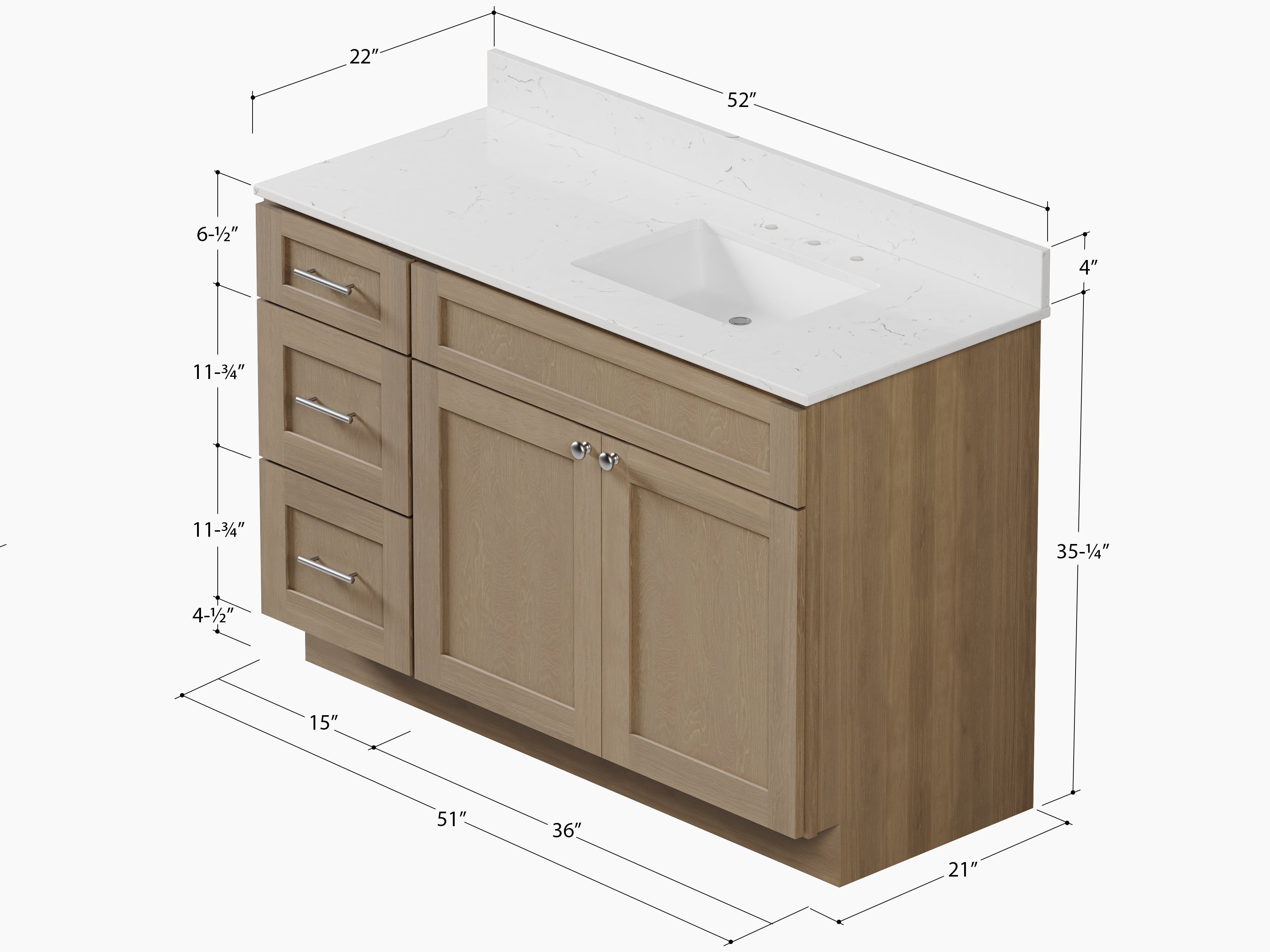 Disar 52'' Drawer Left Single Bathroom Vanity with Quartz Top