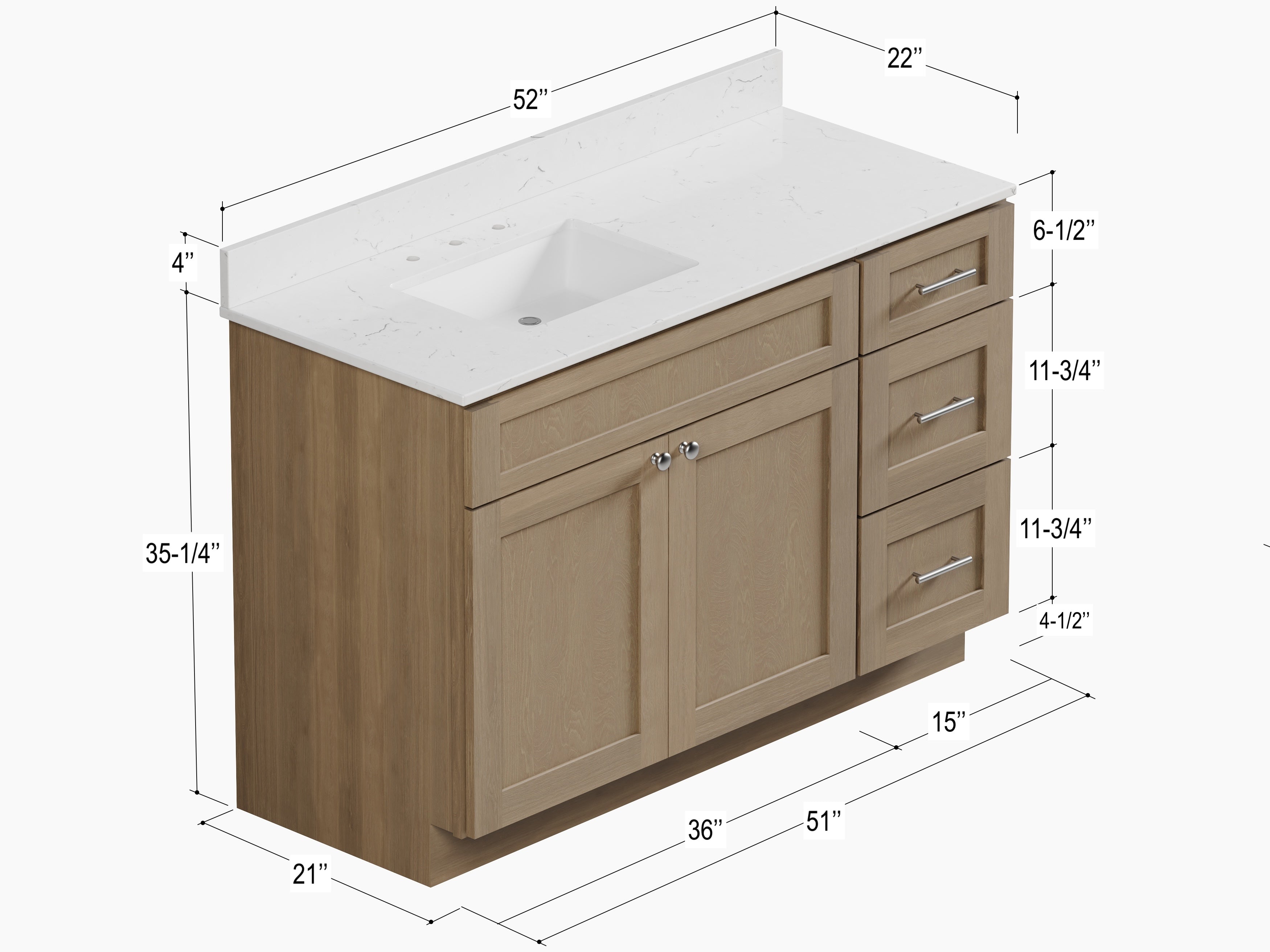 Disar 52'' Drawer Right  Single Bathroom Vanity with Quartz Top