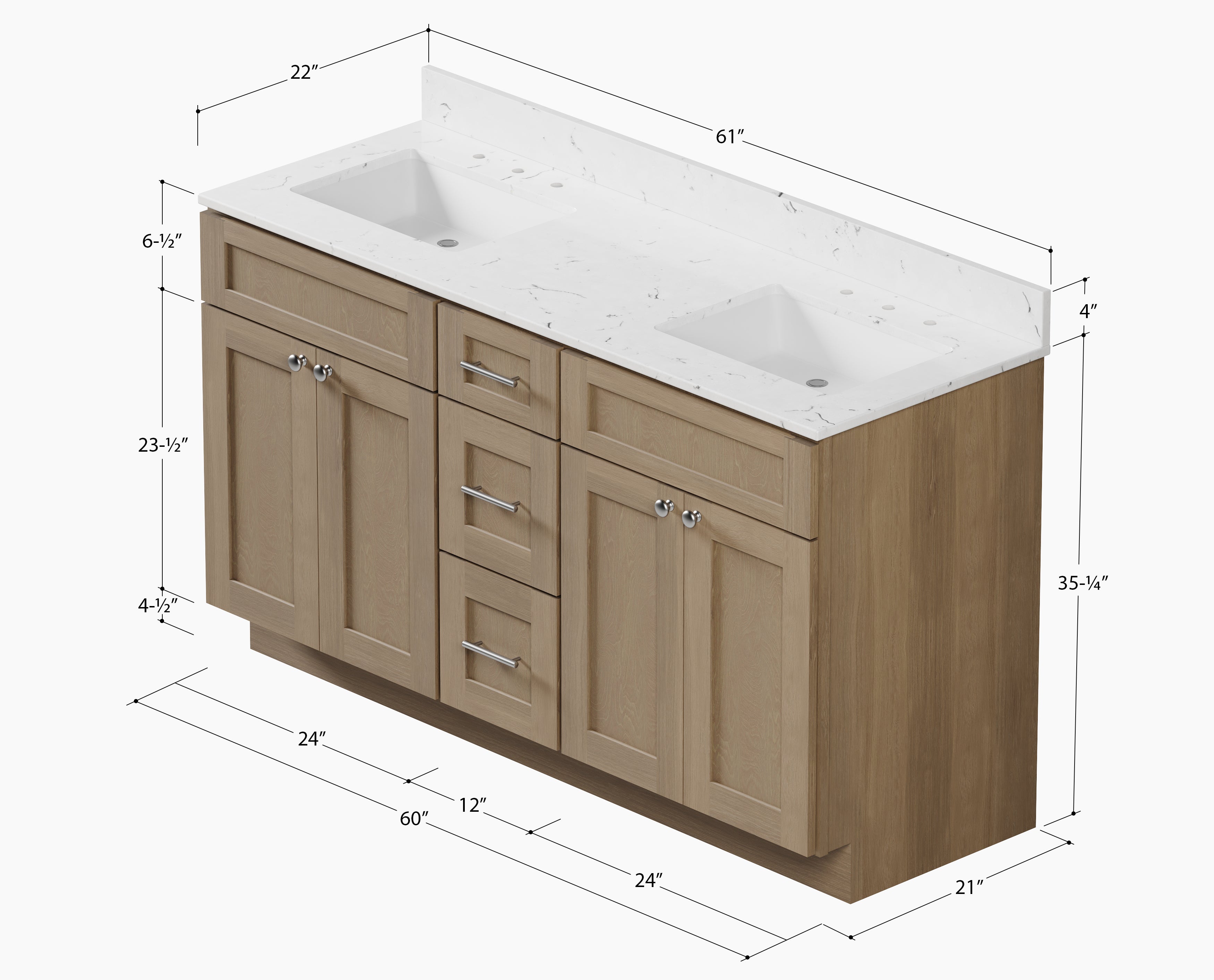 61'' Double Bathroom Vanity with Carrara Quartz Top