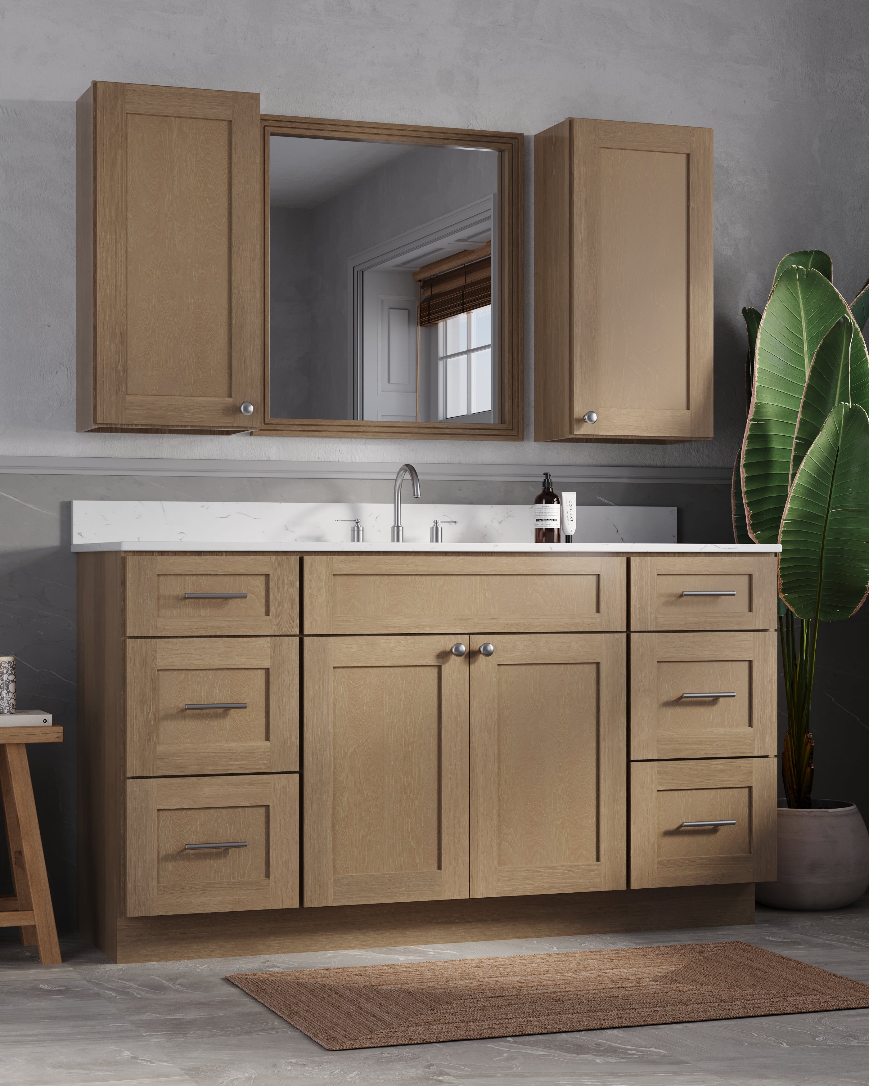 60" Single Bathroom Vanity With Carrara Quartz Top, Wall Cabinet