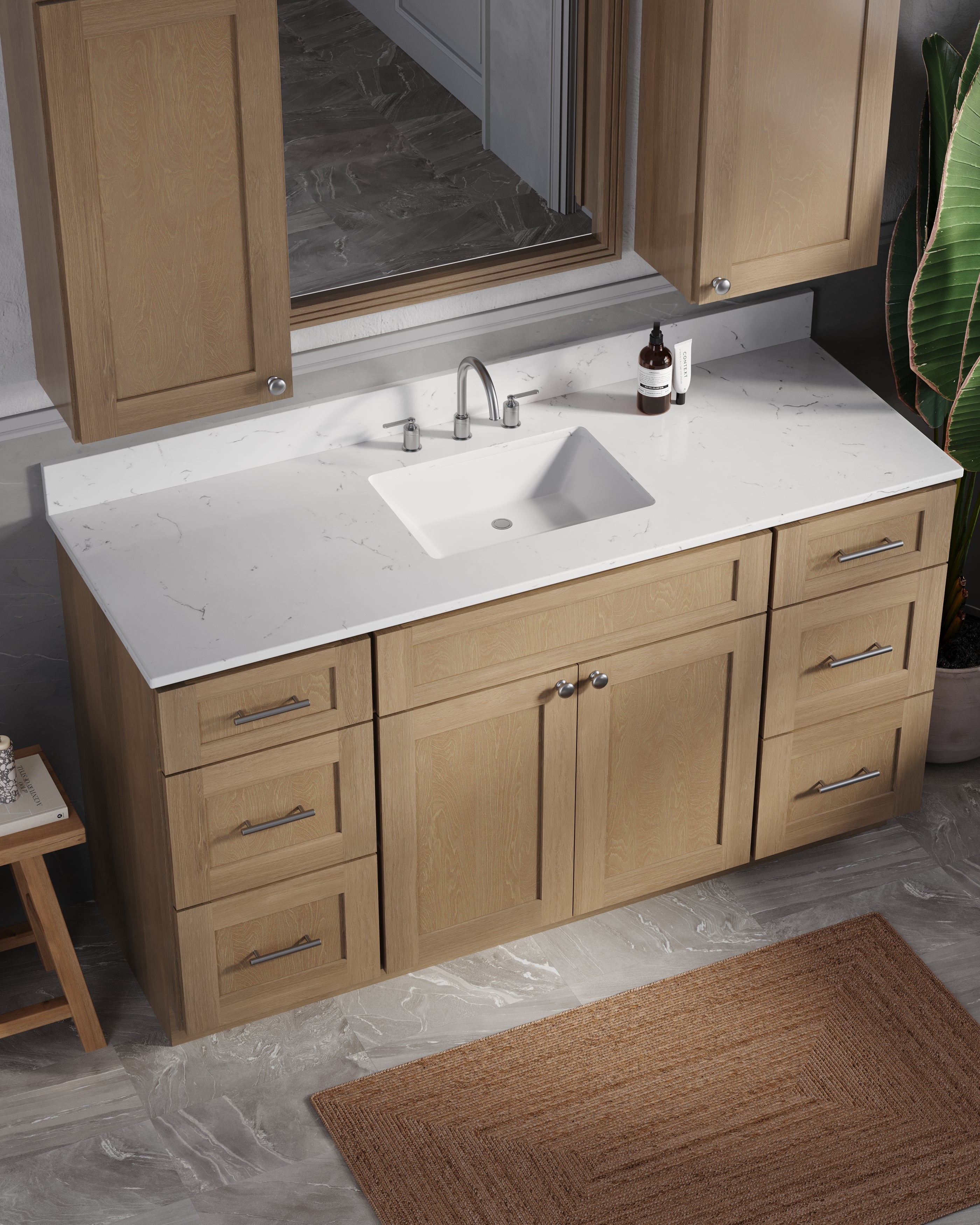 60" Single Bathroom Vanity With Carrara Quartz Top, Wall Cabinet