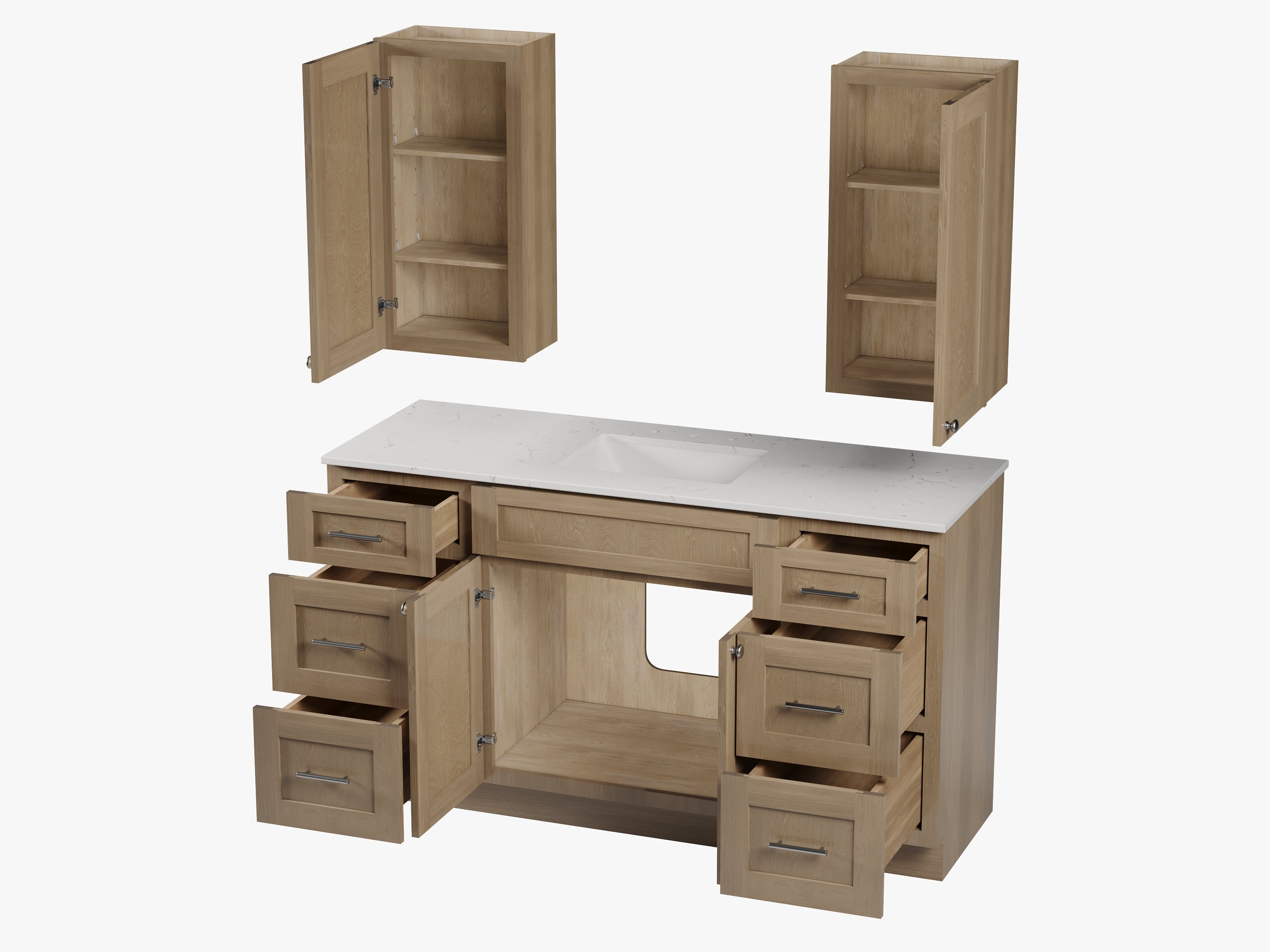 60" Single Bathroom Vanity With Carrara Quartz Top, Wall Cabinet