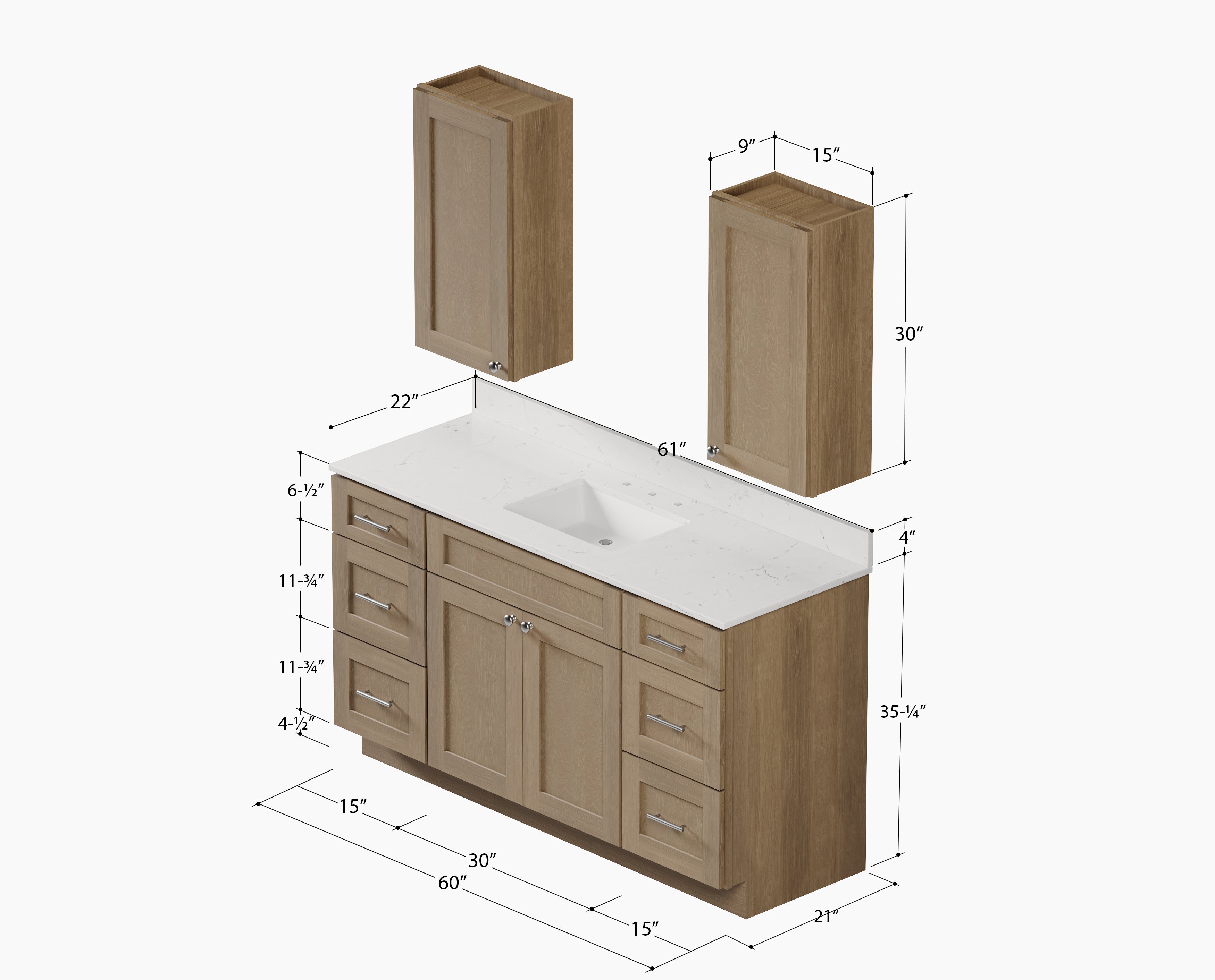 60" Single Bathroom Vanity With Carrara Quartz Top, Wall Cabinet