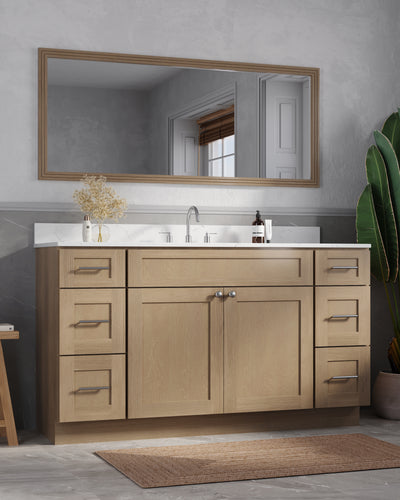 [color:Natural Oak] 61'' Single Bathroom Vanity with Carrara Quartz Top - Natural Oak finish view