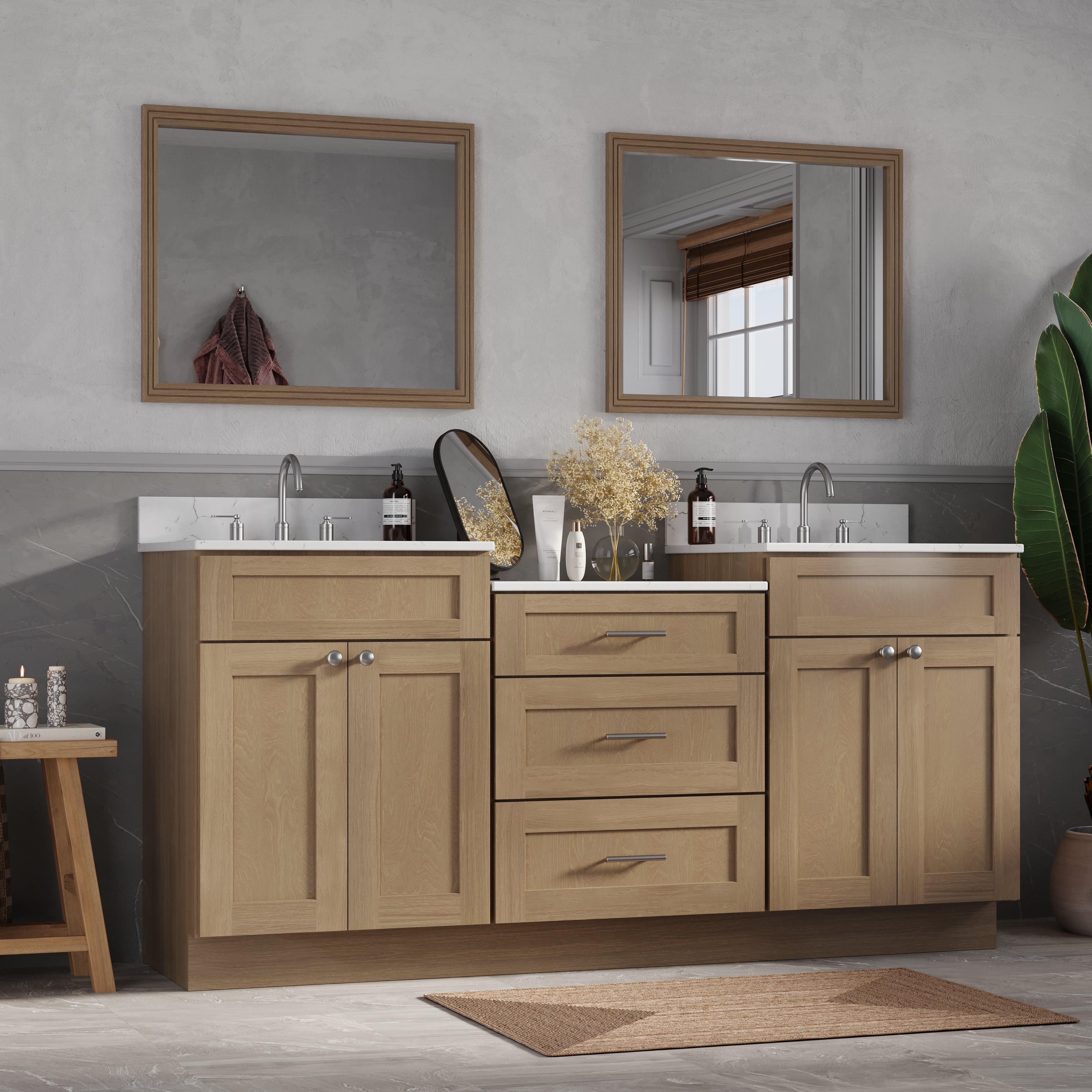 72'' Double Bathroom Vanity Cabinet Shaker Dovetail Solid Wood Drawer Carrara Quartz Top