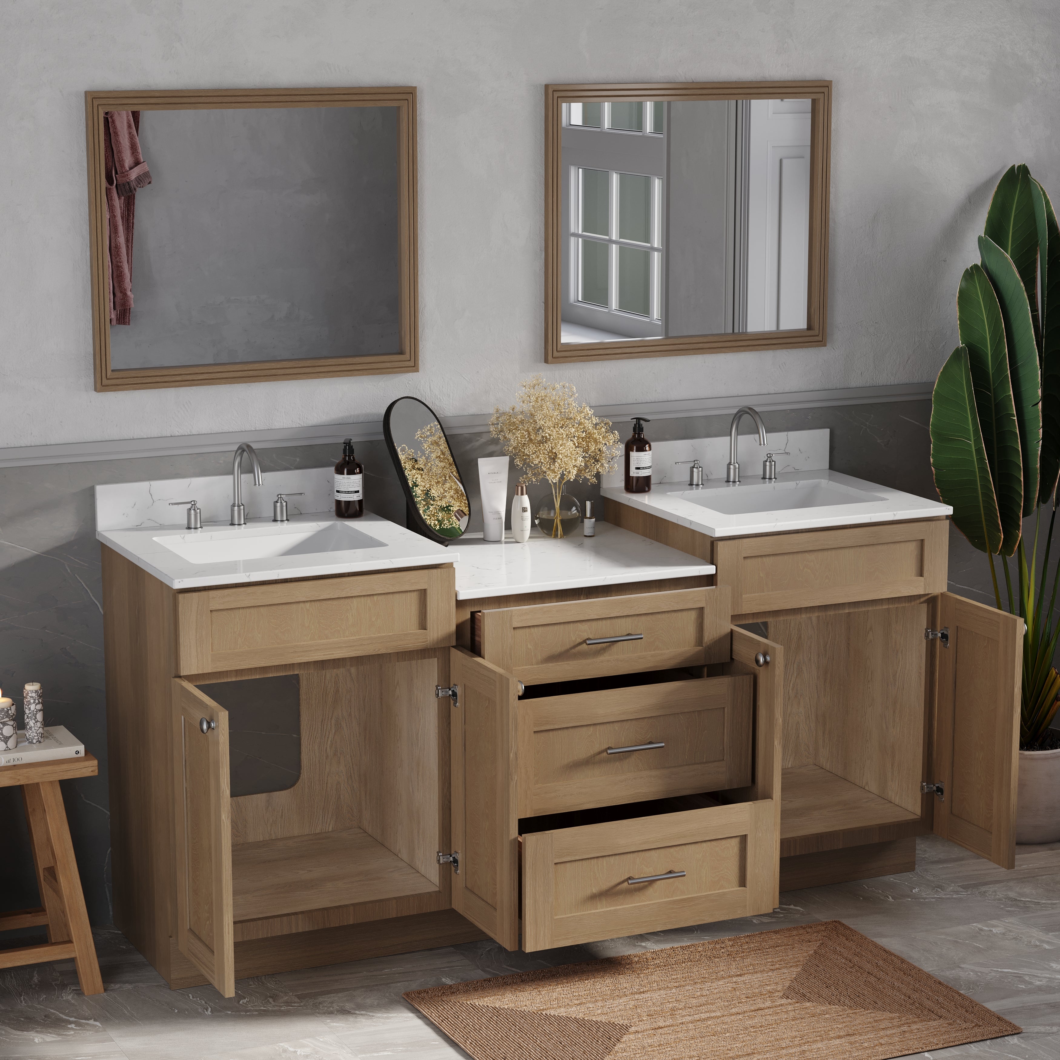 72'' Double Bathroom Vanity Cabinet Shaker Dovetail Solid Wood Drawer Carrara Quartz Top