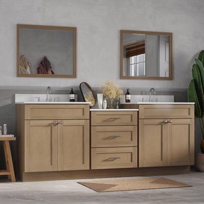 [color:Natural Oak] 84'' Double Bathroom Vanity Cabinet Shaker, Carrara Quartz Top - Natural Oak finish view