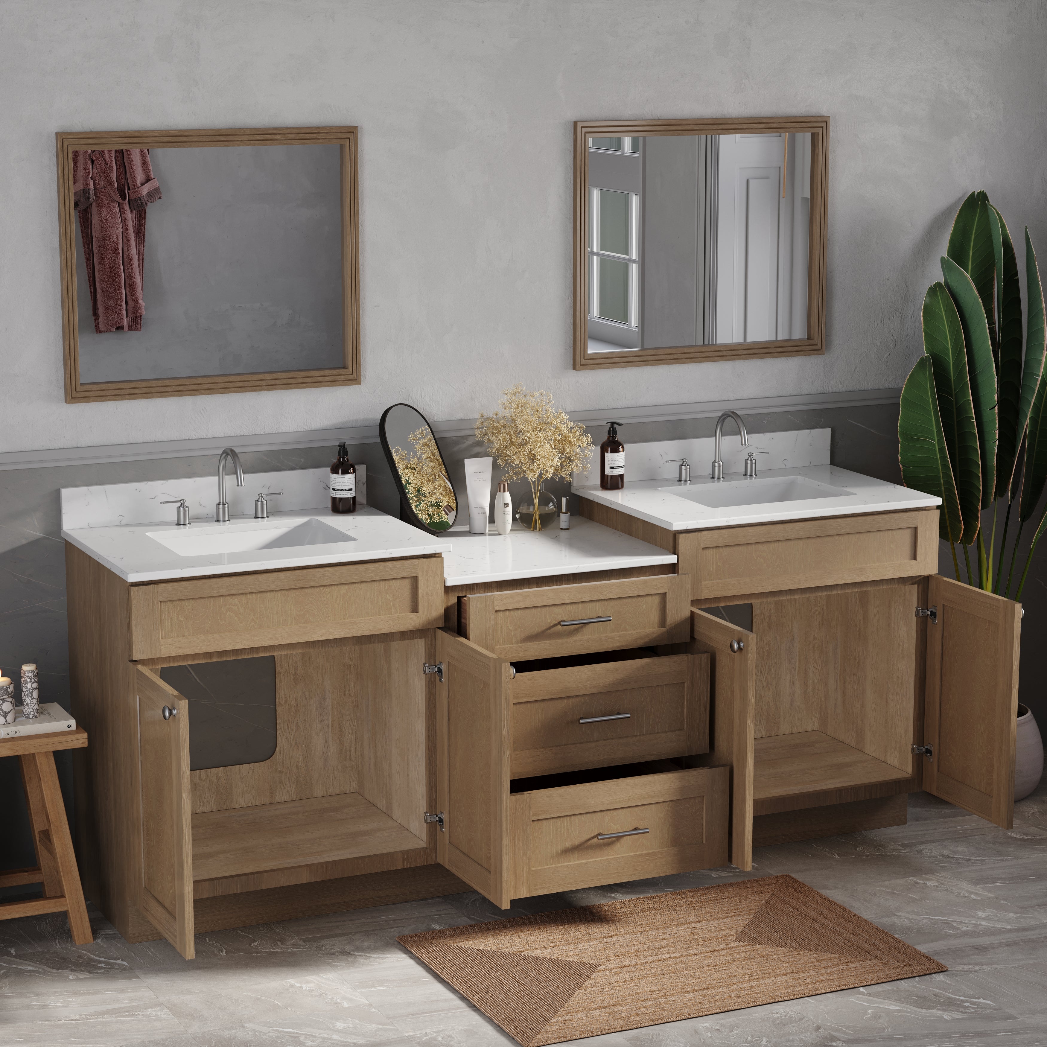 84'' Double Bathroom Vanity Cabinet Shaker Dovetail Solid Wood Drawer Carrara Quartz Top