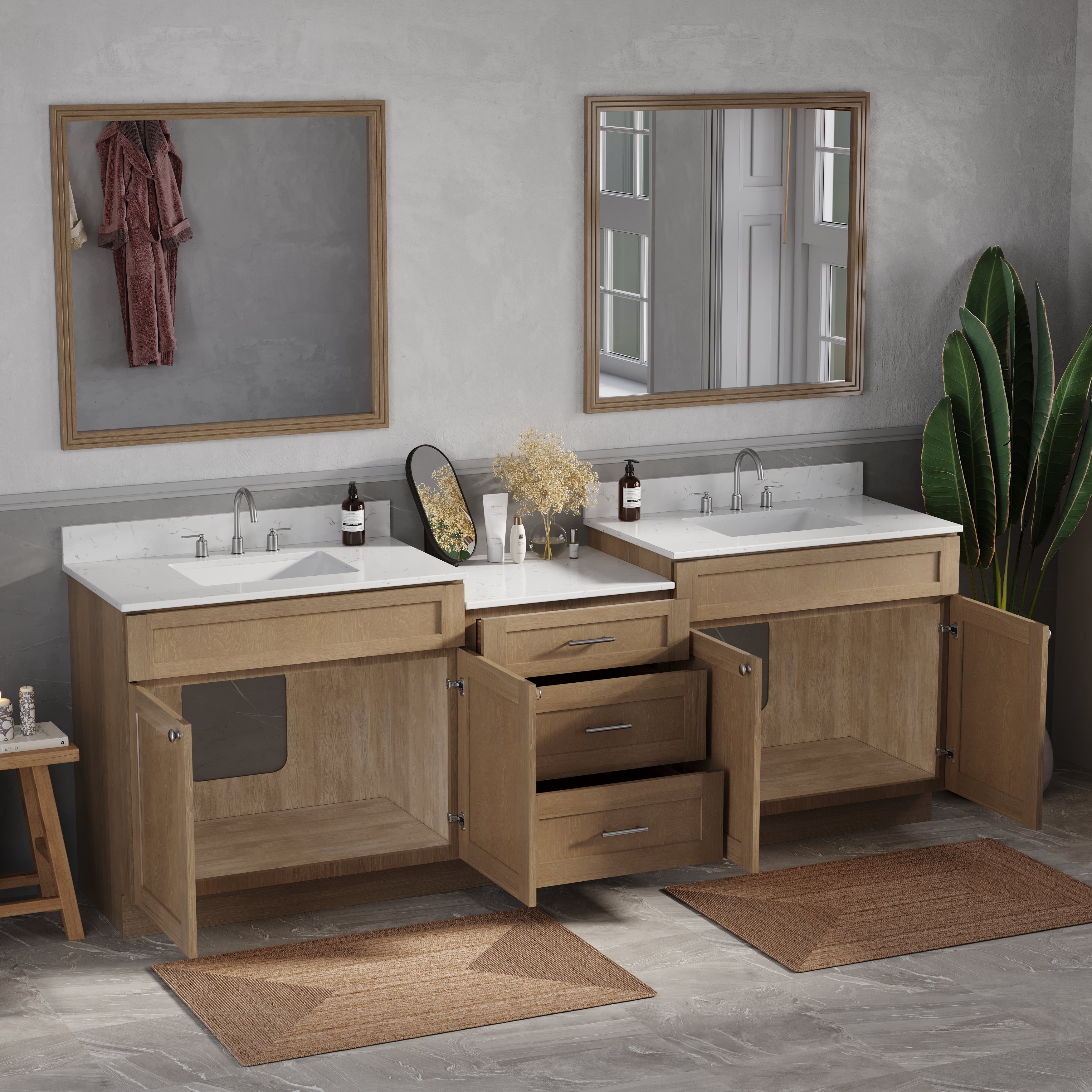 96'' Double Bathroom Vanity Cabinet Shaker Dovetail Solid Wood Drawer Carrara Quartz Top