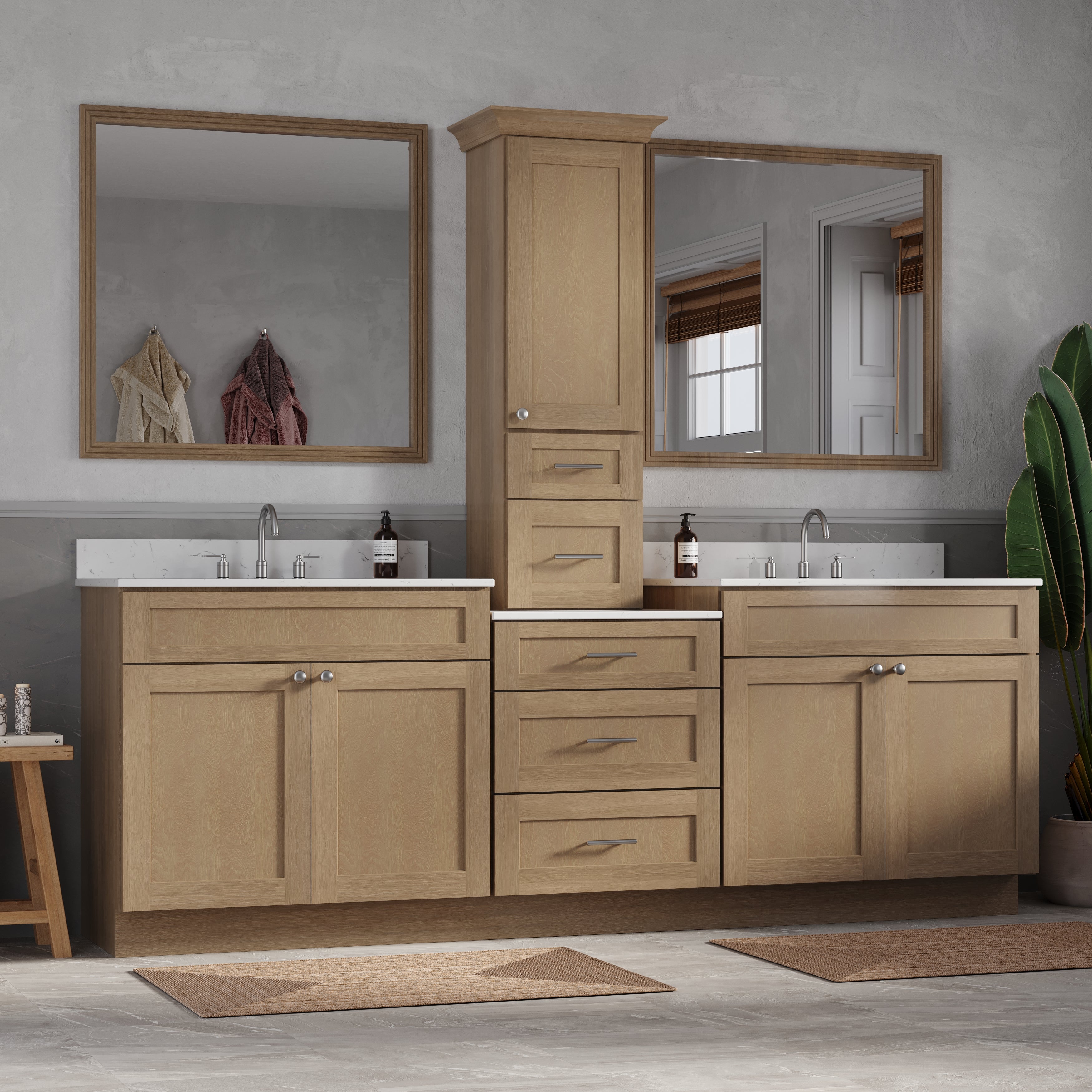 96'' Double Bathroom Vanity With Counter Top Tall Cabinet Shaker Dovetail Solid Wood Drawer Carrara Quartz Top