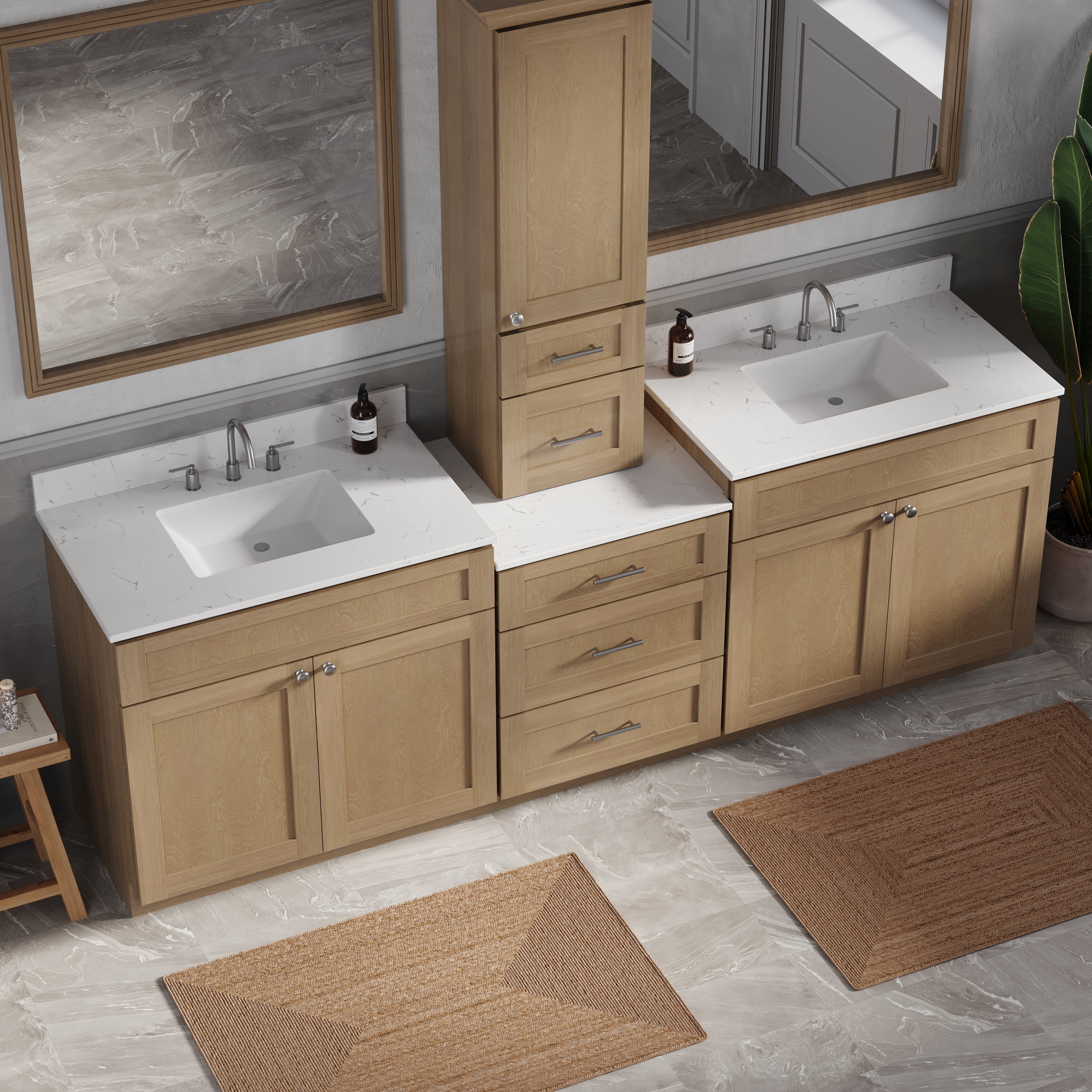 96'' Double Bathroom Vanity With Counter Top Tall Cabinet Shaker Dovetail Solid Wood Drawer Carrara Quartz Top