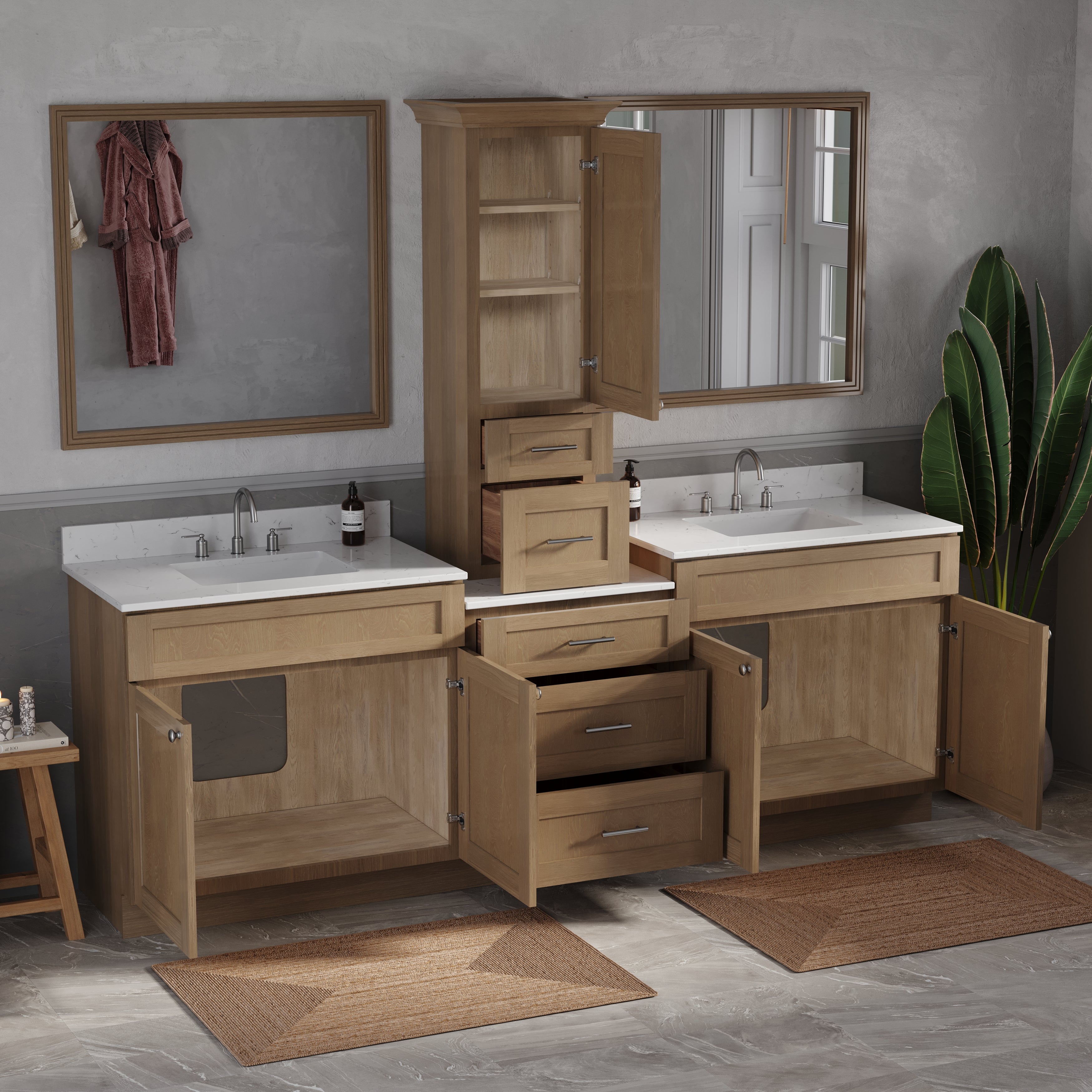 96'' Double Bathroom Vanity With Counter Top Tall Cabinet Shaker Dovetail Solid Wood Drawer Carrara Quartz Top