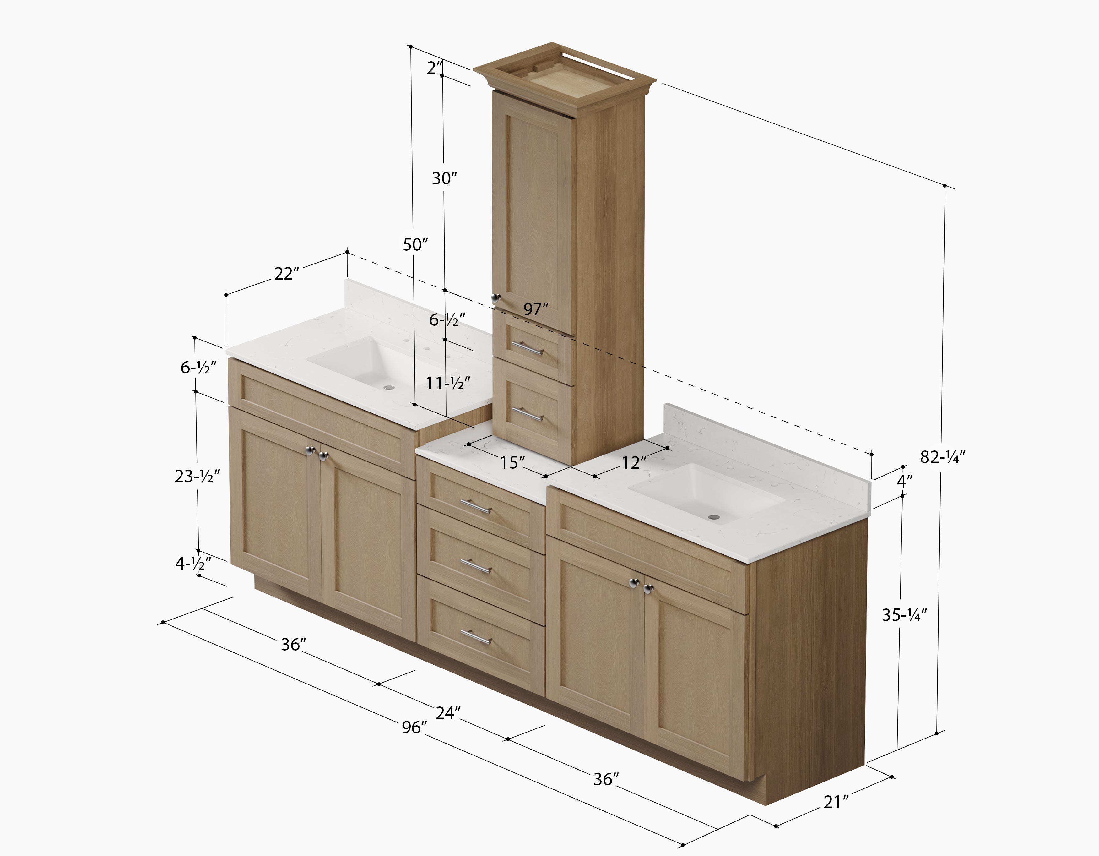 96'' Double Bathroom Vanity With Counter Top Tall Cabinet Shaker Dovetail Solid Wood Drawer Carrara Quartz Top