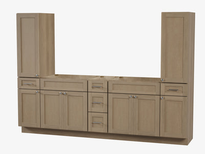 [color:Natural Oak] 102'' Double Bathroom Vanity With Tall Linen Cabinet, Base Only - Natural Oak finish view