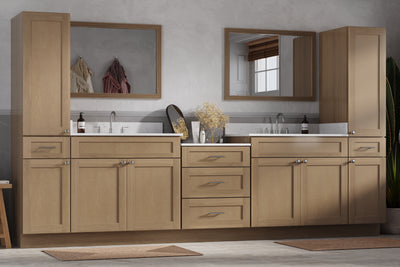 [color:Natural Oak] 126'' Double Bathroom Vanity Cabinet Shaker, Carrara Quartz Top - Natural Oak finish view