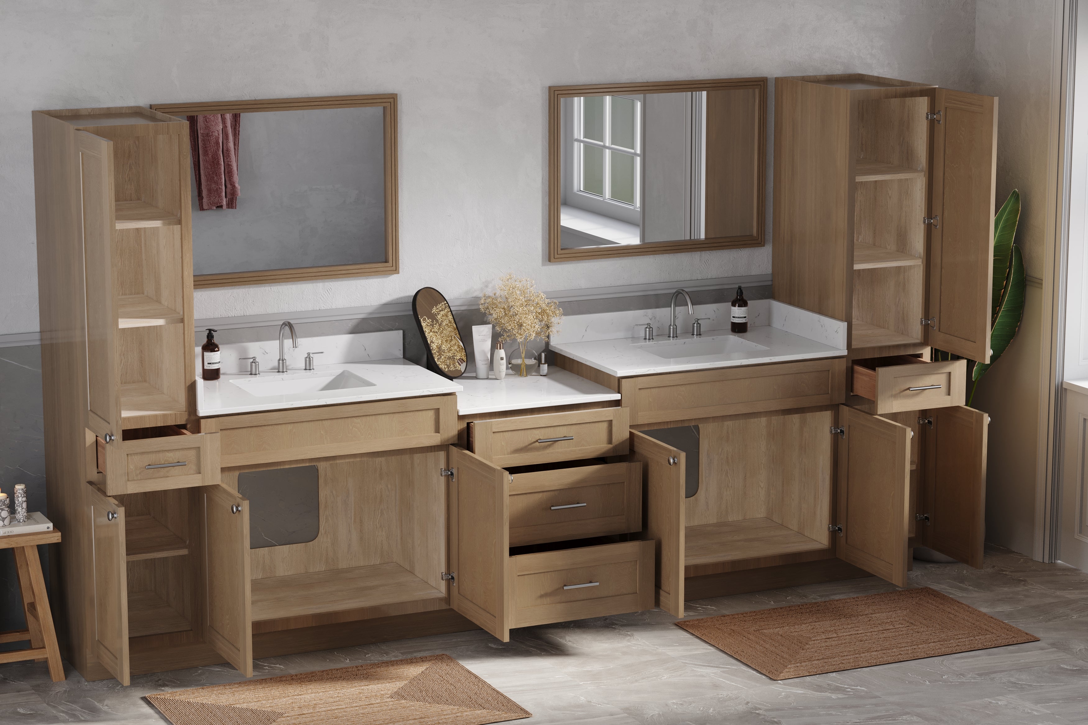 126'' Double Bathroom Vanity Cabinet Shaker Dovetail Solid Wood Drawer Carrara Quartz Top