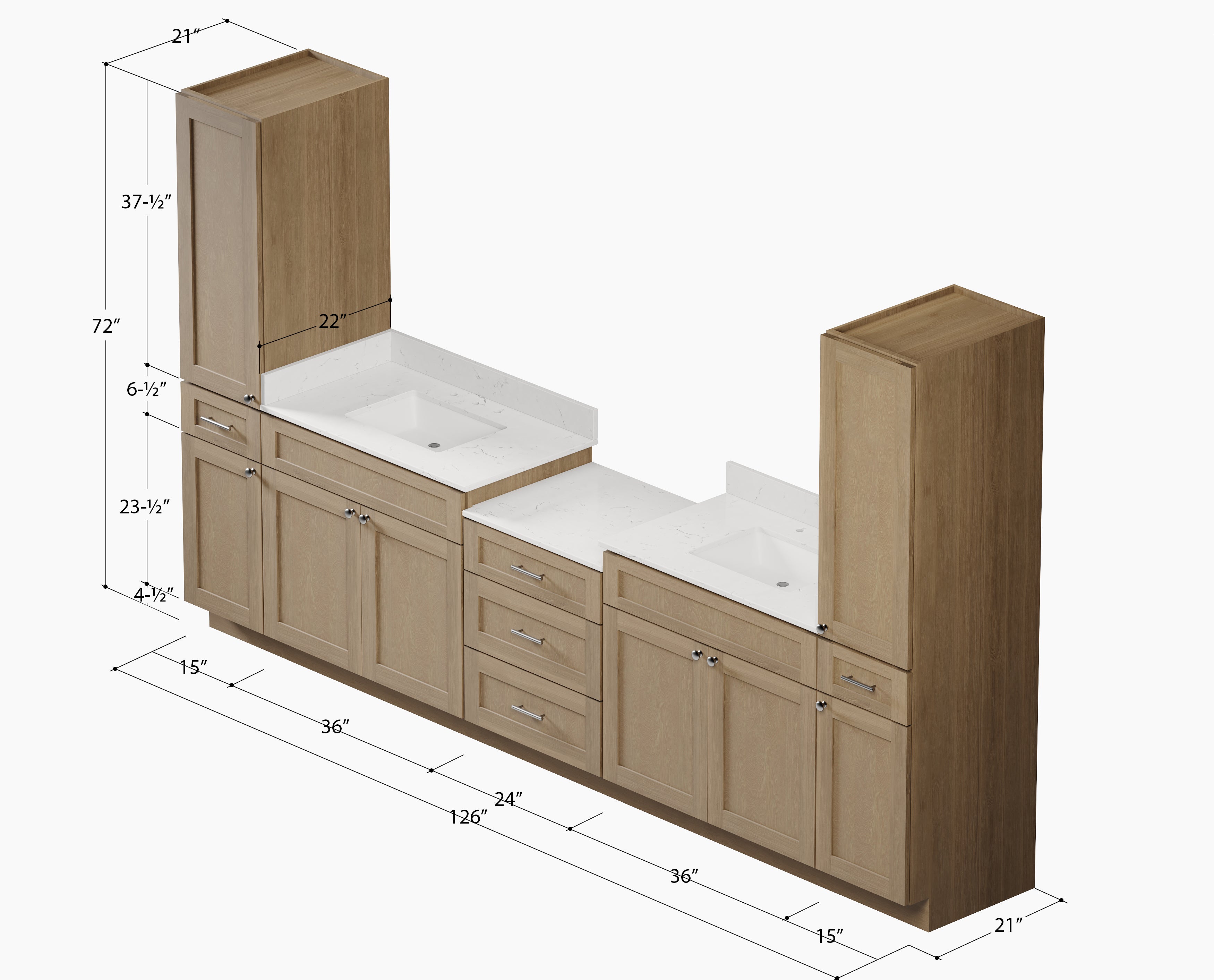 126'' Double Bathroom Vanity Cabinet Shaker Dovetail Solid Wood Drawer Carrara Quartz Top