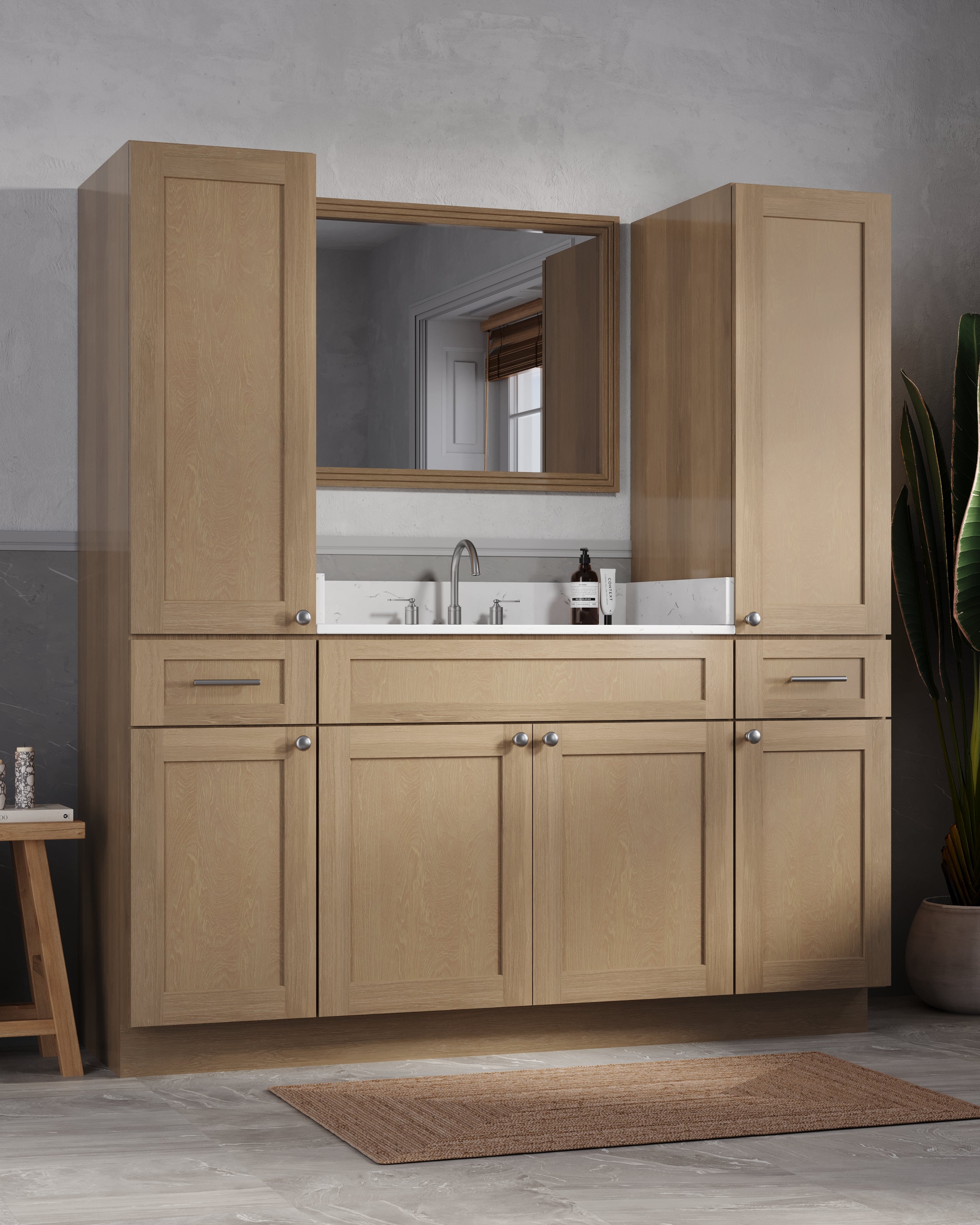 Disar 66'' Single Bathroom Vanity With Linen Tall Cabinet Shaker Dovetail Solid Wood Drawer Carrara Quartz Top