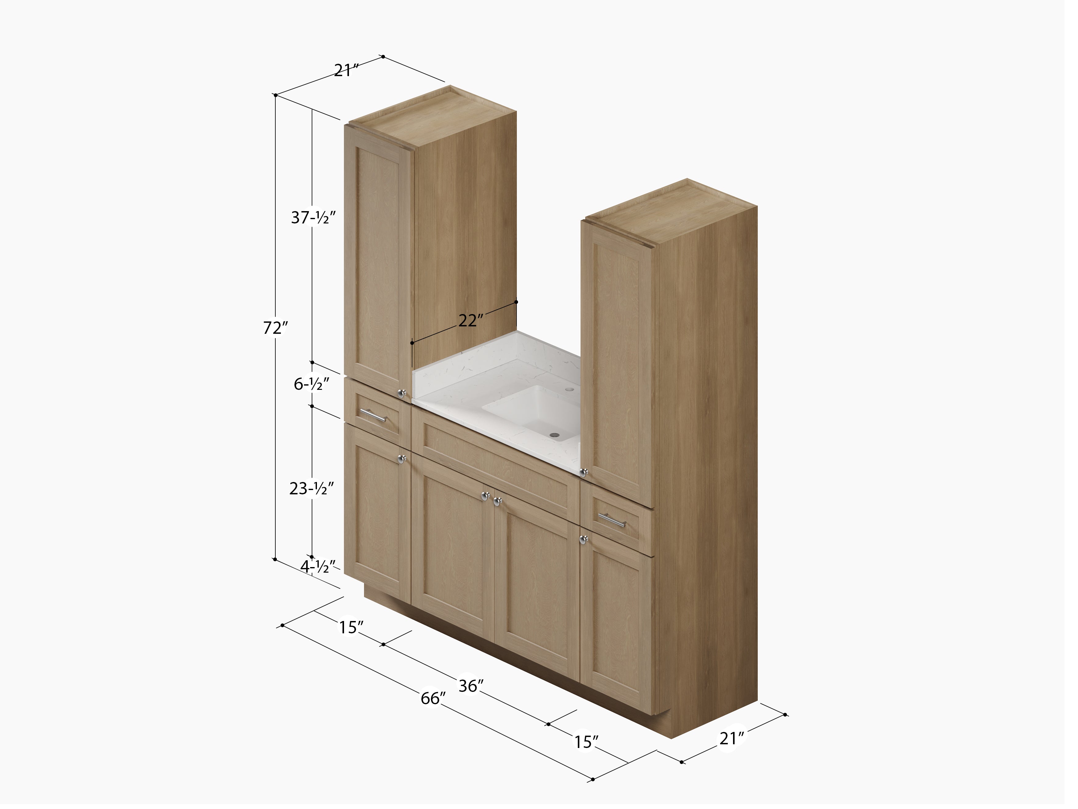 Disar 66'' Single Bathroom Vanity With Linen Tall Cabinet Shaker Dovetail Solid Wood Drawer Carrara Quartz Top